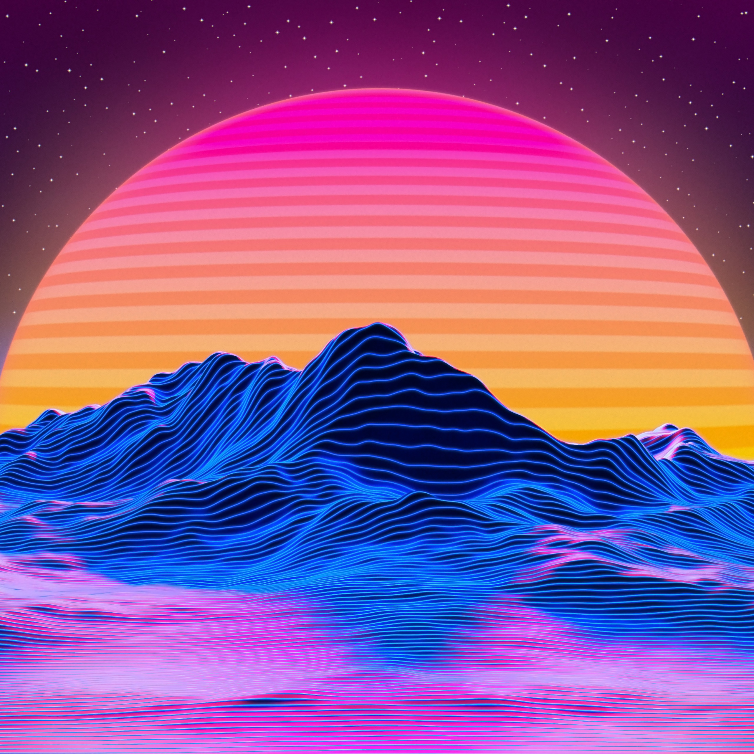 Mountains Wallpaper 4K, RetroWave art, Landscape, Neon