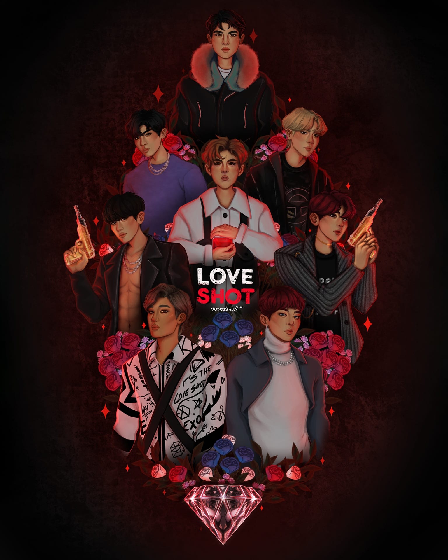 Exo Love shot fanart I did for the fanproject in commemoration for Exo's 10 year anniversary, you can check them out on Twitter! There's fanarts and fanfic for all of their
