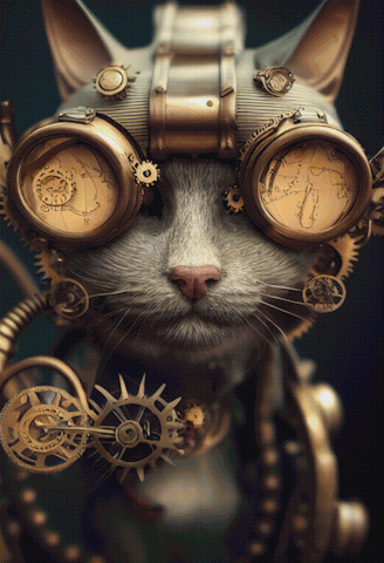 Steampunk Cat Cross Stitch Pattern By Ray Jepson (XL Size, High Colors, Full DMC Palette)