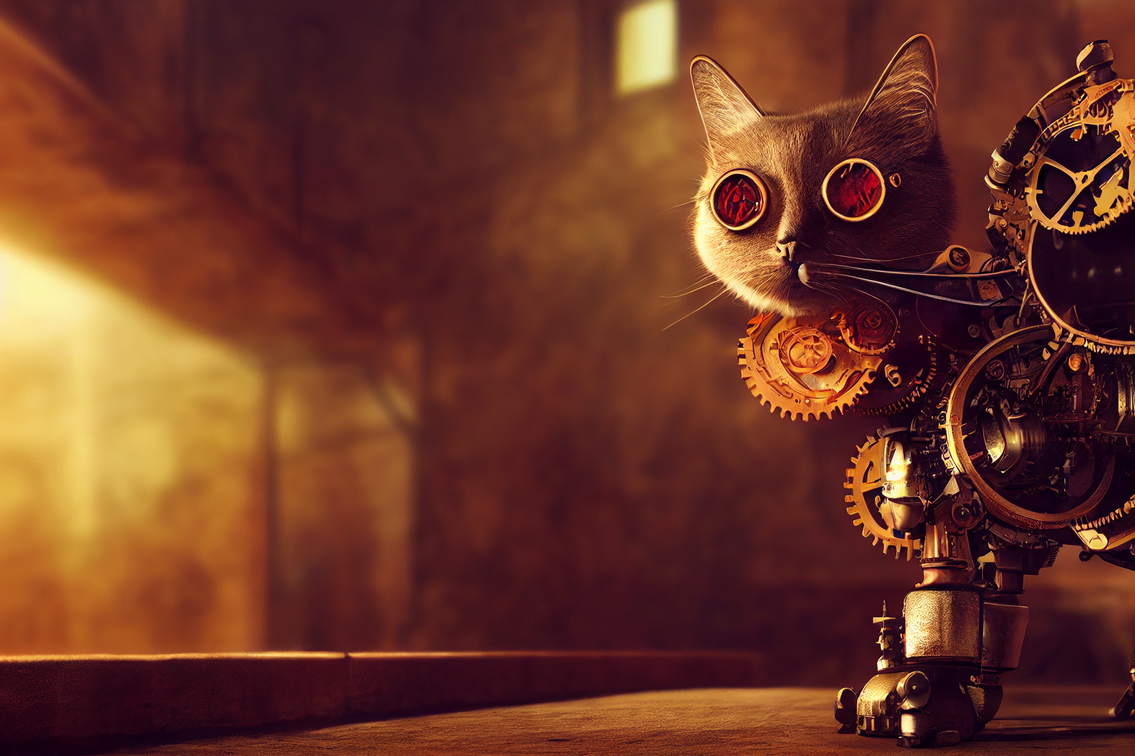 prompthunt: steampunk style mechanical robot cat, hyper realistic, photorealistic, volumetric lighting, wallpaper, ultra hd, Award Winning Photography
