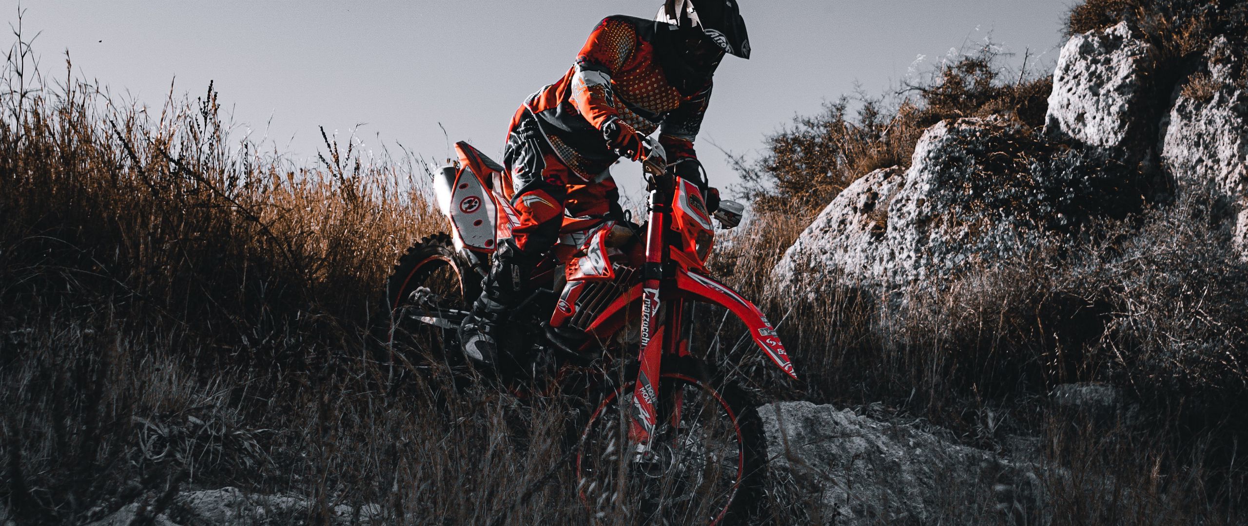 Download wallpaper 2560x1080 motorcycle, motorcyclist, cross, enduro, bike dual wide 1080p HD background