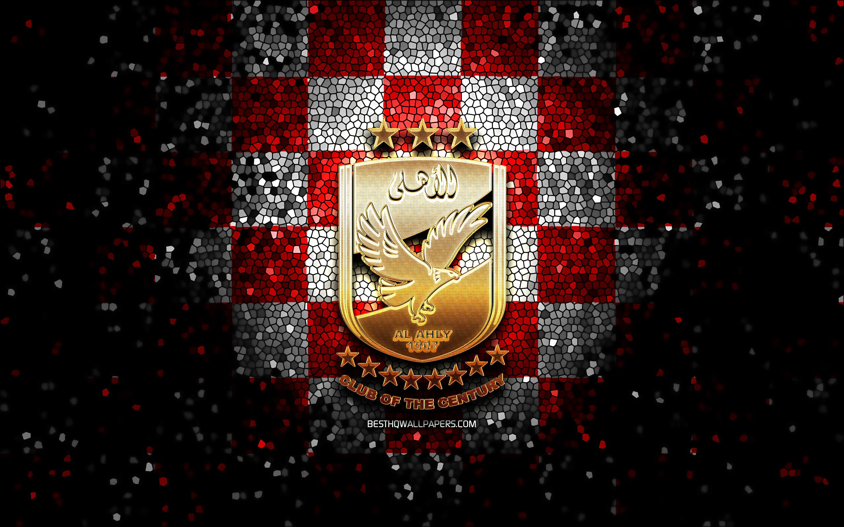 Download wallpaper Al Ahly SC, glitter logo, Egyptian Premier League, red white checkered background, EPL, soccer, egyptian football club, Al Ahly logo, mosaic art, football, Al Ahly FC for desktop with resolution