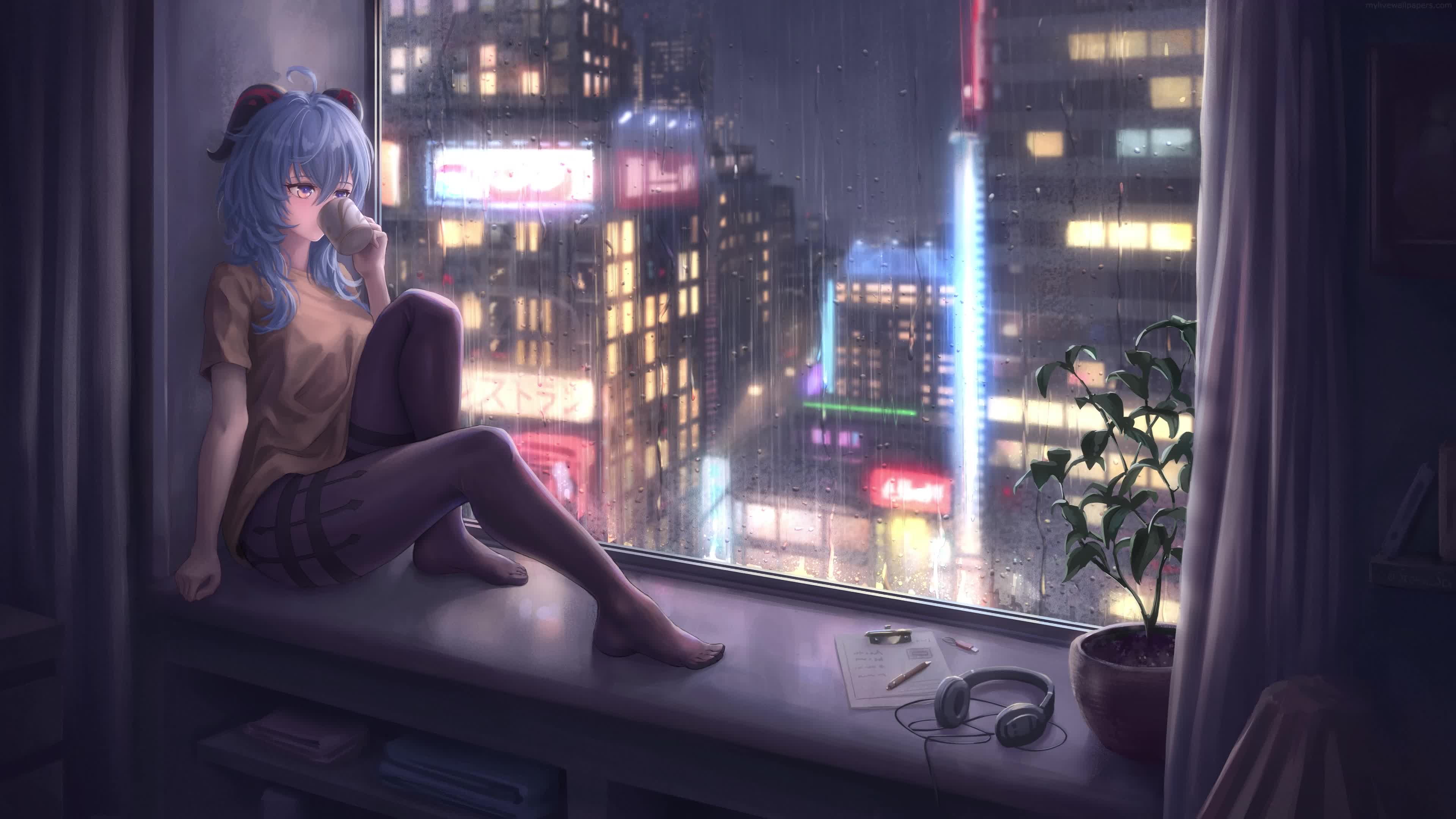 Anime Ganyu Girl And Rainy Night 4K Live Wallpaper