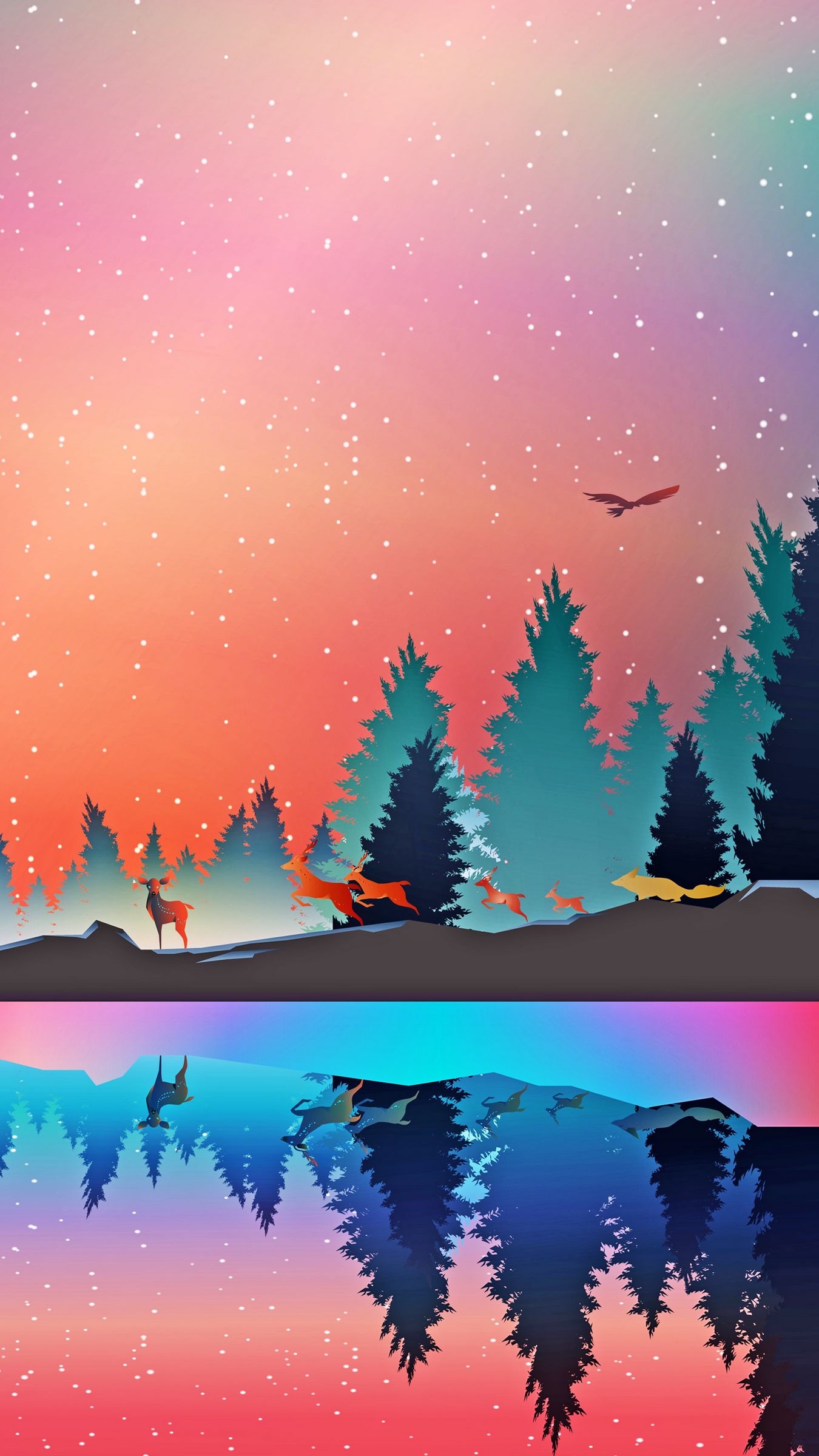Download wallpaper 1350x2400 winter, animals, art, vector, forest, reflection iphone 8+/7+/6s+/for parallax HD background