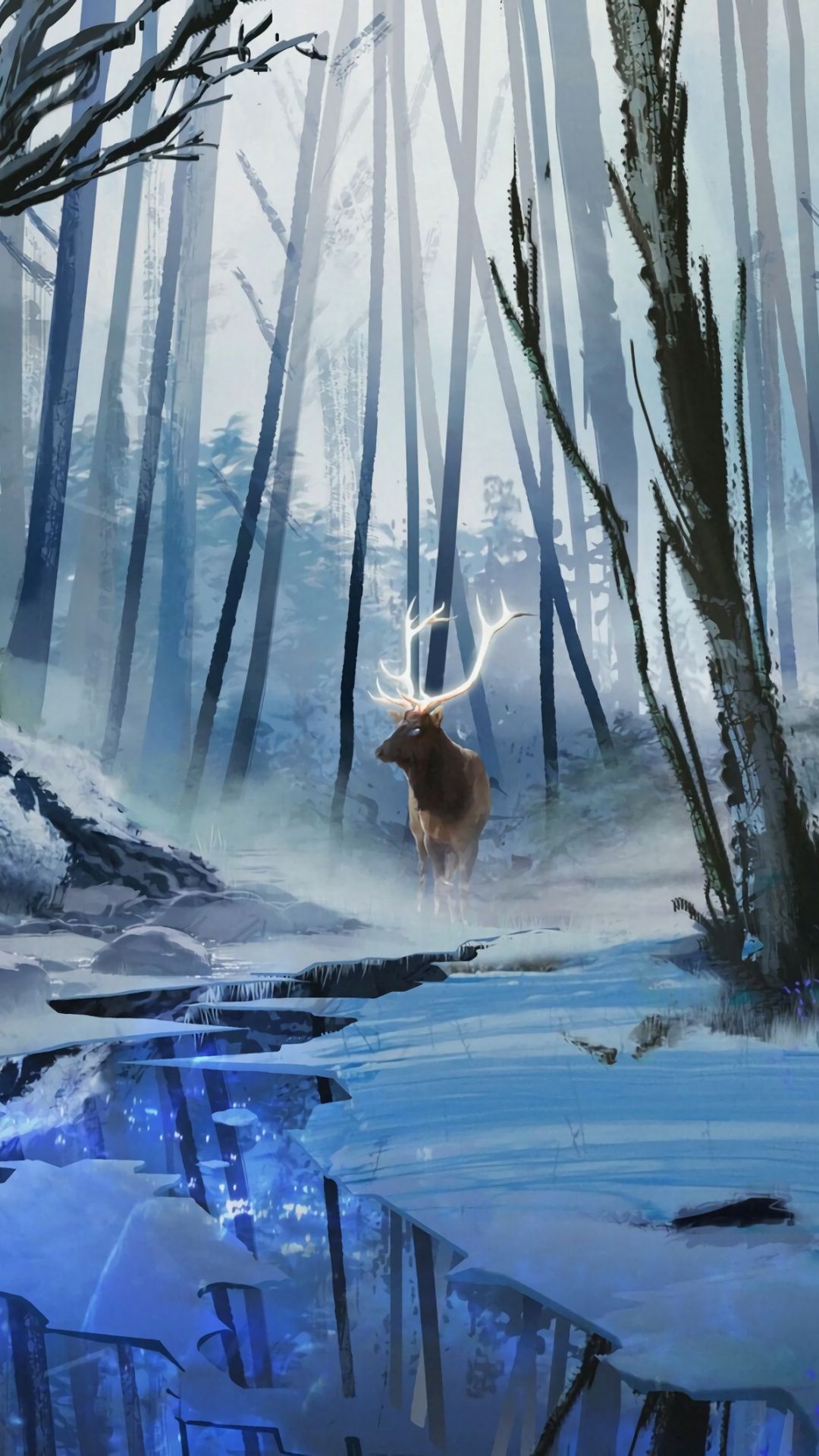 Deer, water current, forest, fantasy, artwork wallpaper