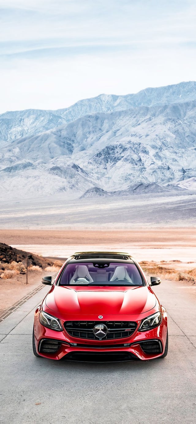Red Mercedes parked on the street 4K wallpaper [2610x5655] and [1080x2340]