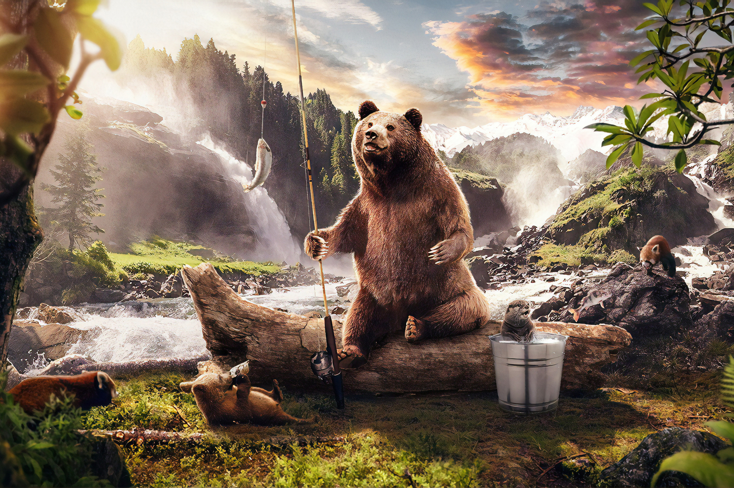 Bear In Jungle Along Side River Chromebook Pixel HD 4k Wallpaper, Image, Background, Photo and Picture