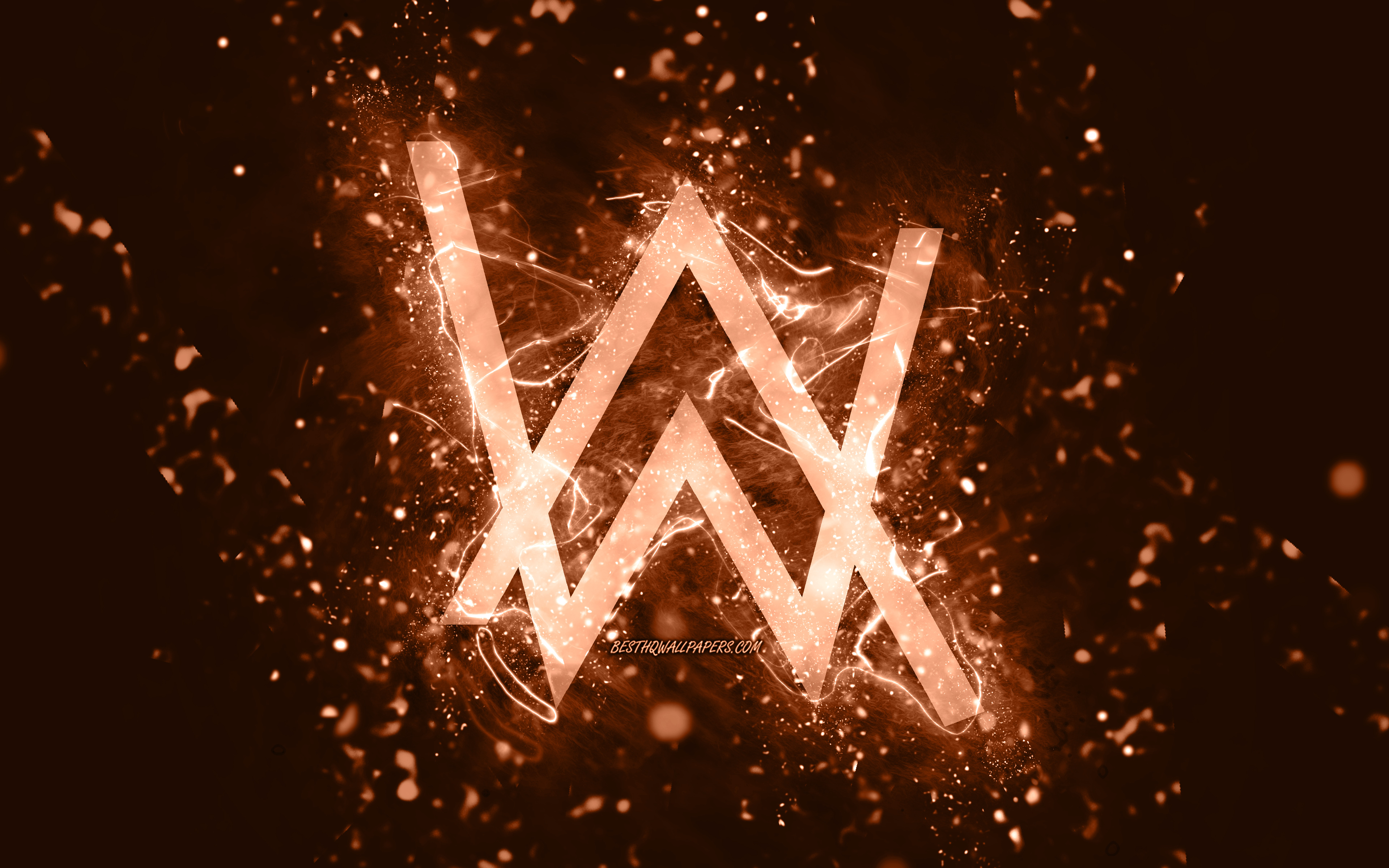 Download wallpaper Alan Walker brown logo, 4k, Norwegian DJs, brown neon lights, creative, brown abstract background, Alan Olav Walker, Alan Walker logo, music stars, Alan Walker for desktop with resolution 3840x2400. High