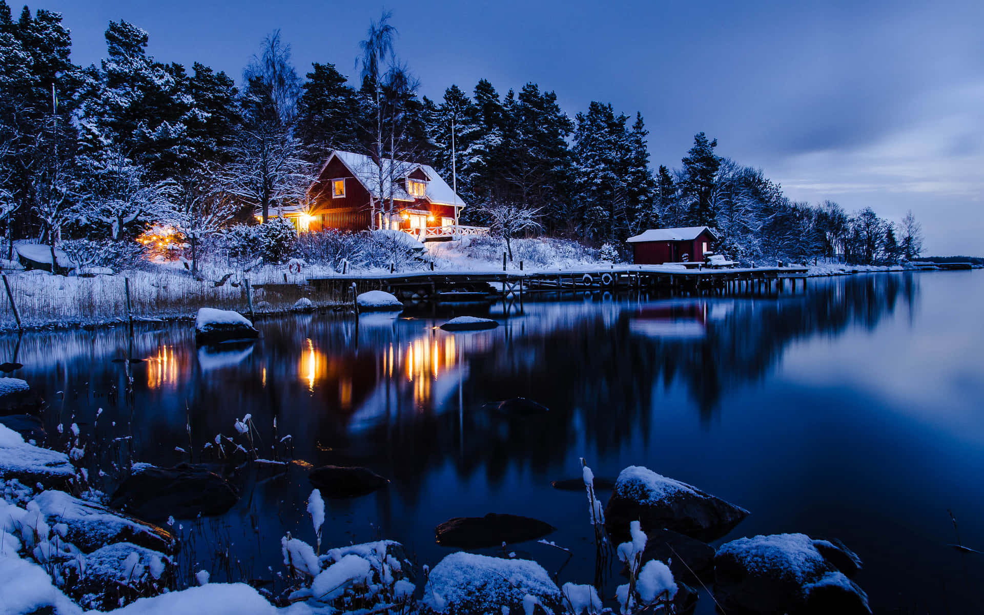 Download Winter Night Desktop With A Lake Wallpaper