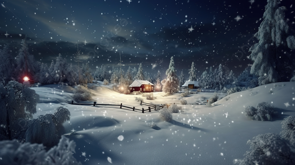 Snowy Night Scene With Snow Surrounding A Home And Trees Background, 3D Christmas Land And Snowing Snow Flakes, HD Photography Photo Background Image And Wallpaper for Free Download