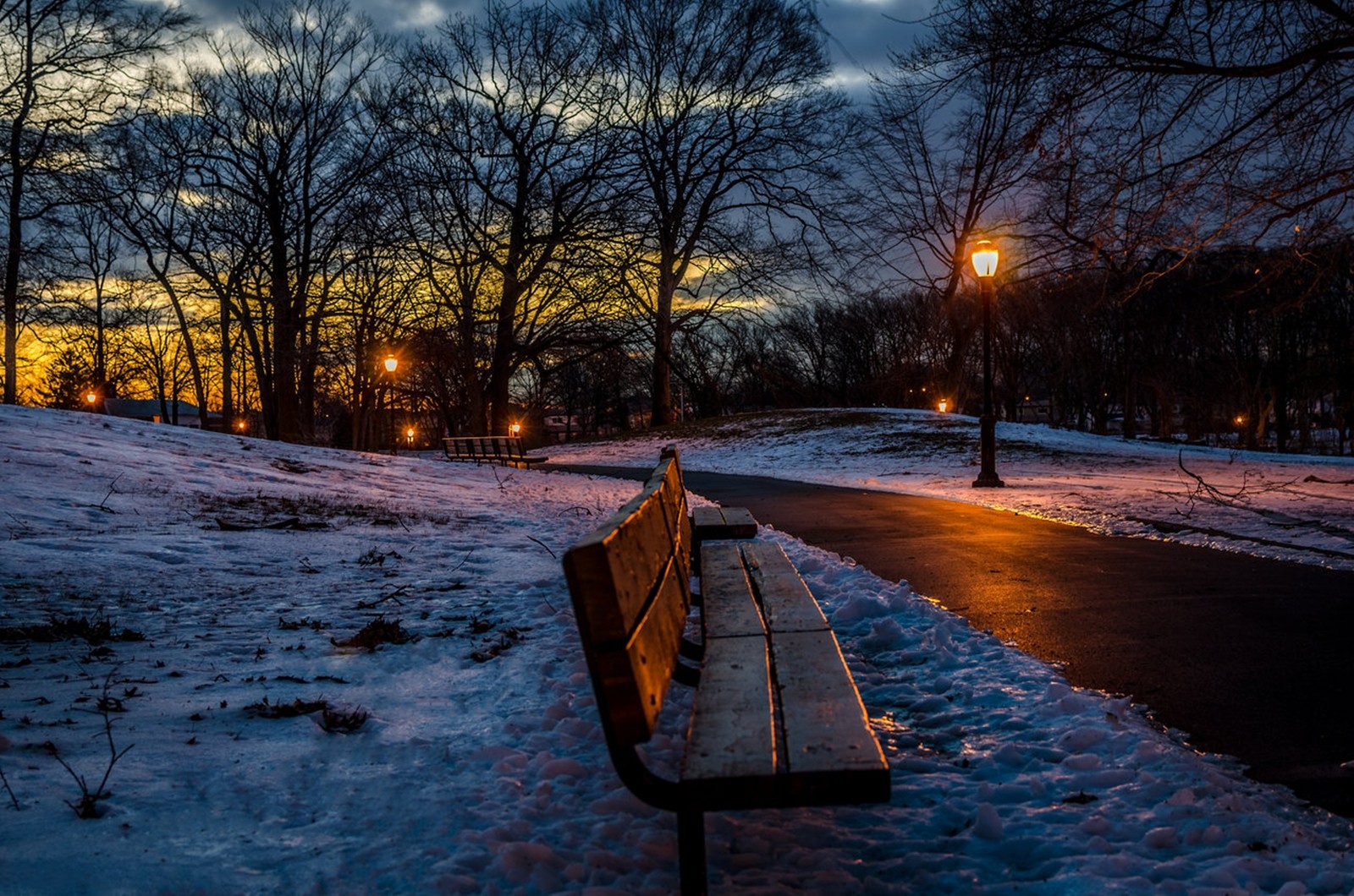 HD desktop wallpaper: Winter, Night, Snow, Light, Park, Bench, Photography download free picture