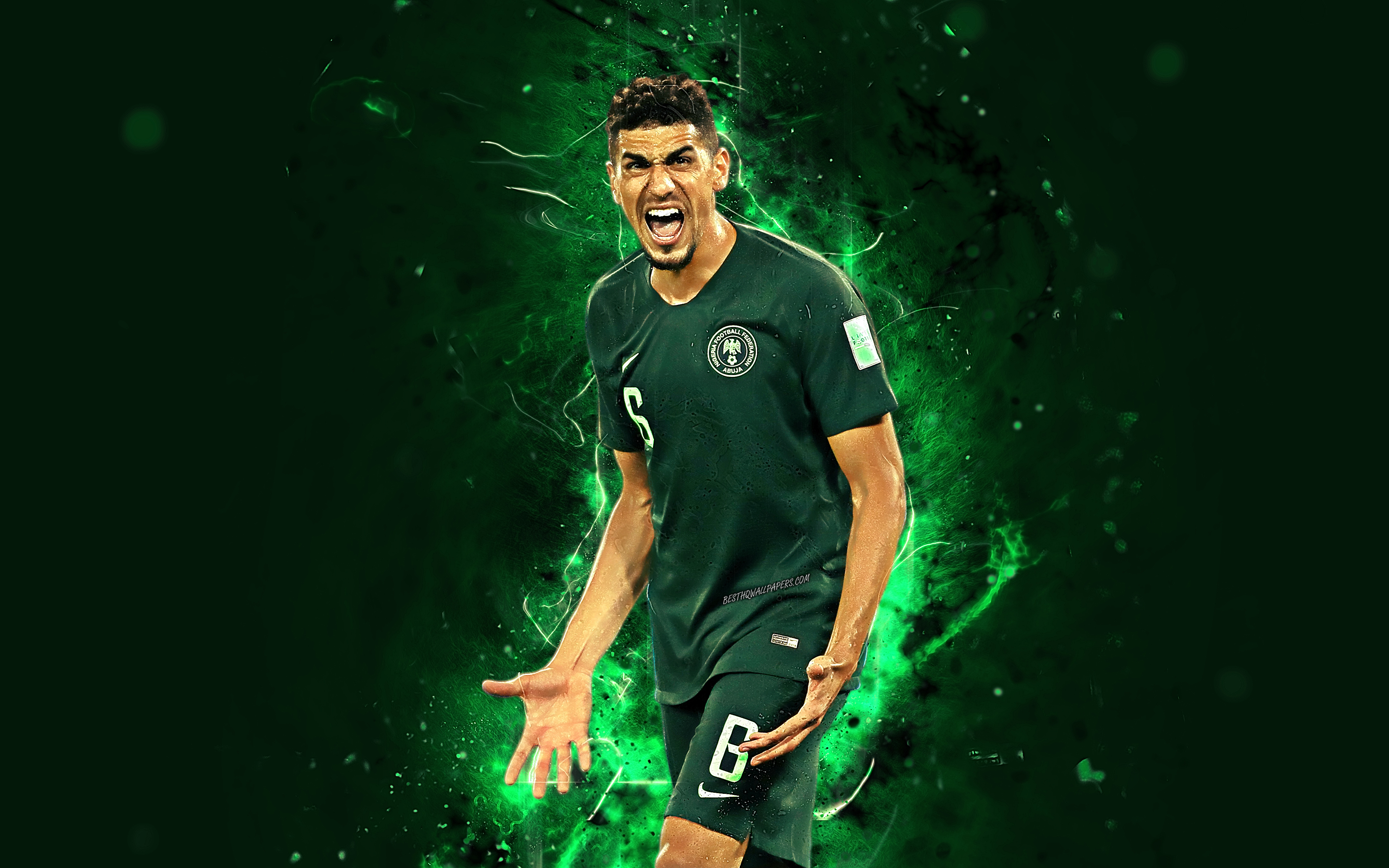 Download wallpaper 4k, Leon Balogun, abstract art, Nigeria National Team, fan art, Balogun, soccer, footballers, neon lights, Nigerian football team for desktop with resolution 3840x2400. High Quality HD picture wallpaper