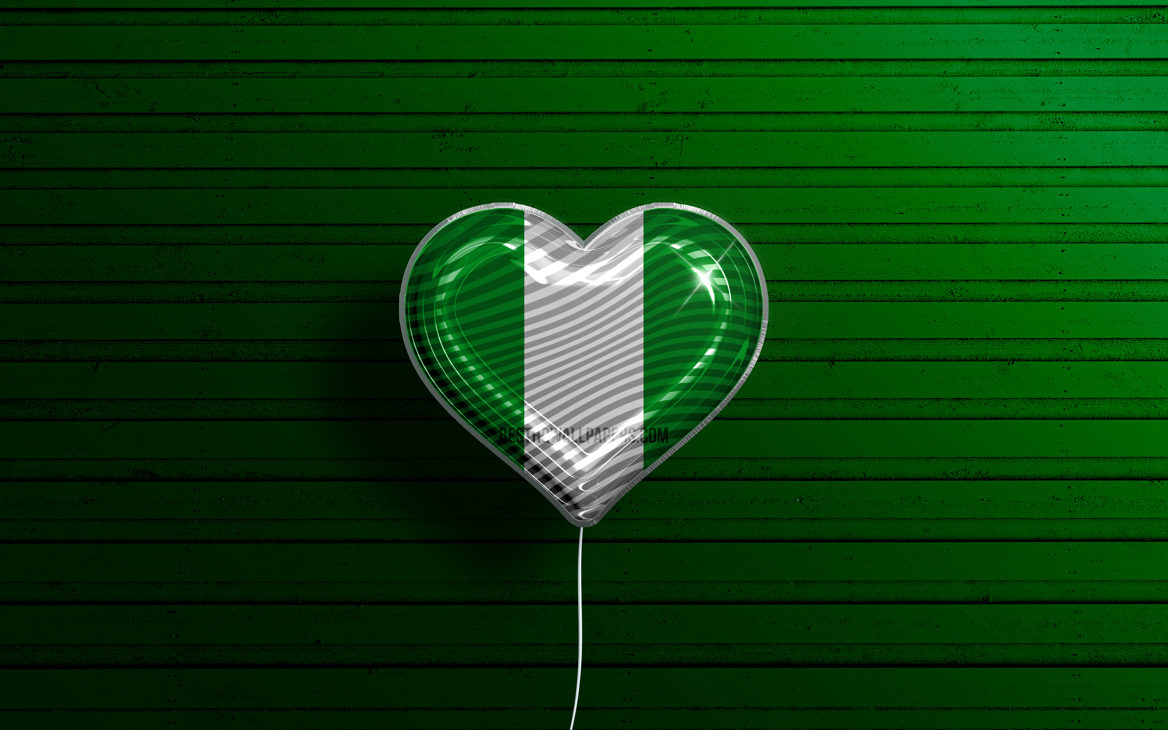 Download wallpaper I Love Nigeria, 4k, realistic balloons, green wooden background, African countries, Nigerian flag heart, favorite countries, flag of Nigeria, balloon with flag, Nigerian flag, Nigeria, Love Nigeria for desktop with