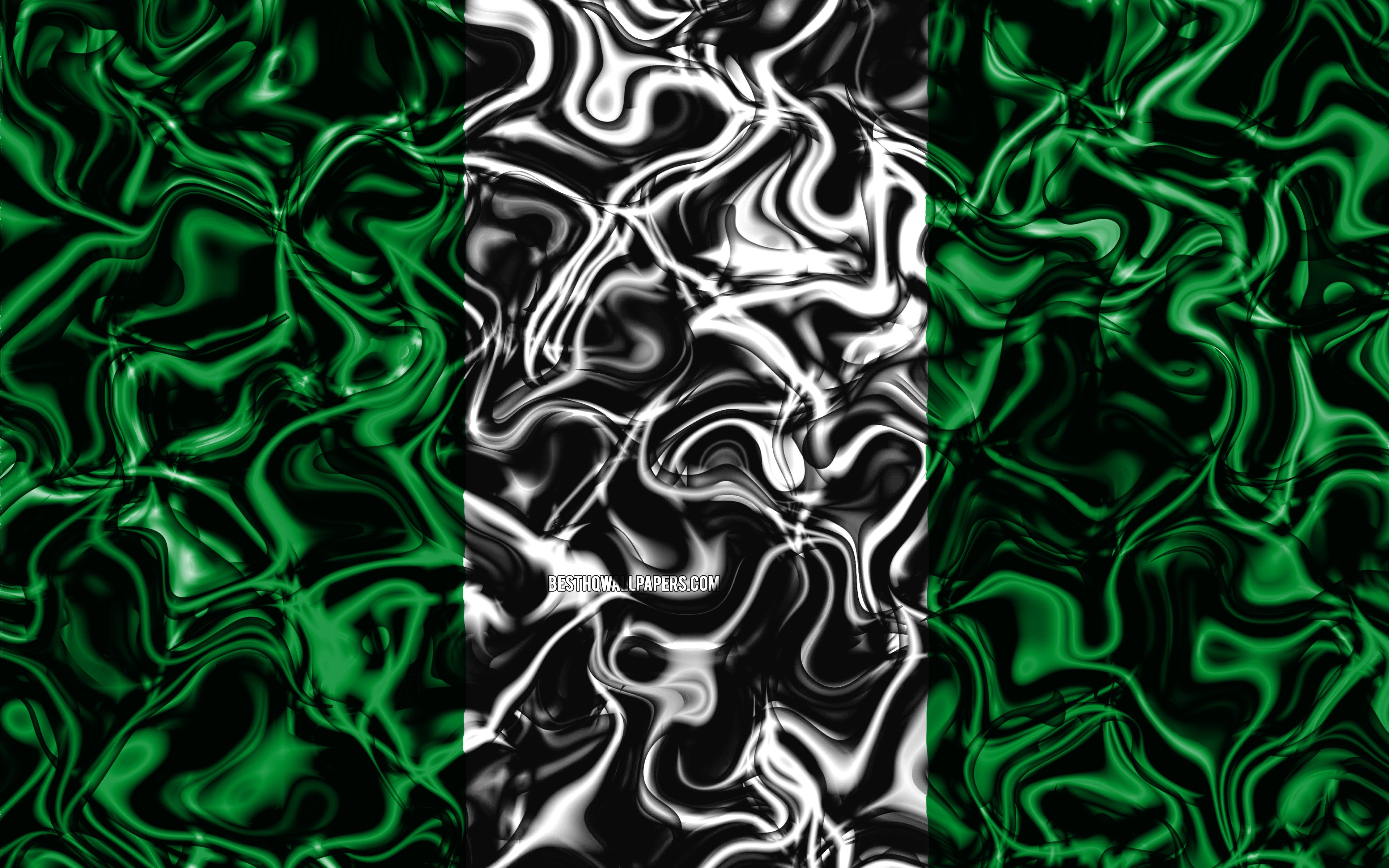 Download wallpaper 4k, Flag of Nigeria, abstract smoke, Africa, national symbols, Nigerian flag, 3D art, Nigeria 3D flag, creative, African countries, Nigeria for desktop with resolution 3840x2400. High Quality HD picture wallpaper