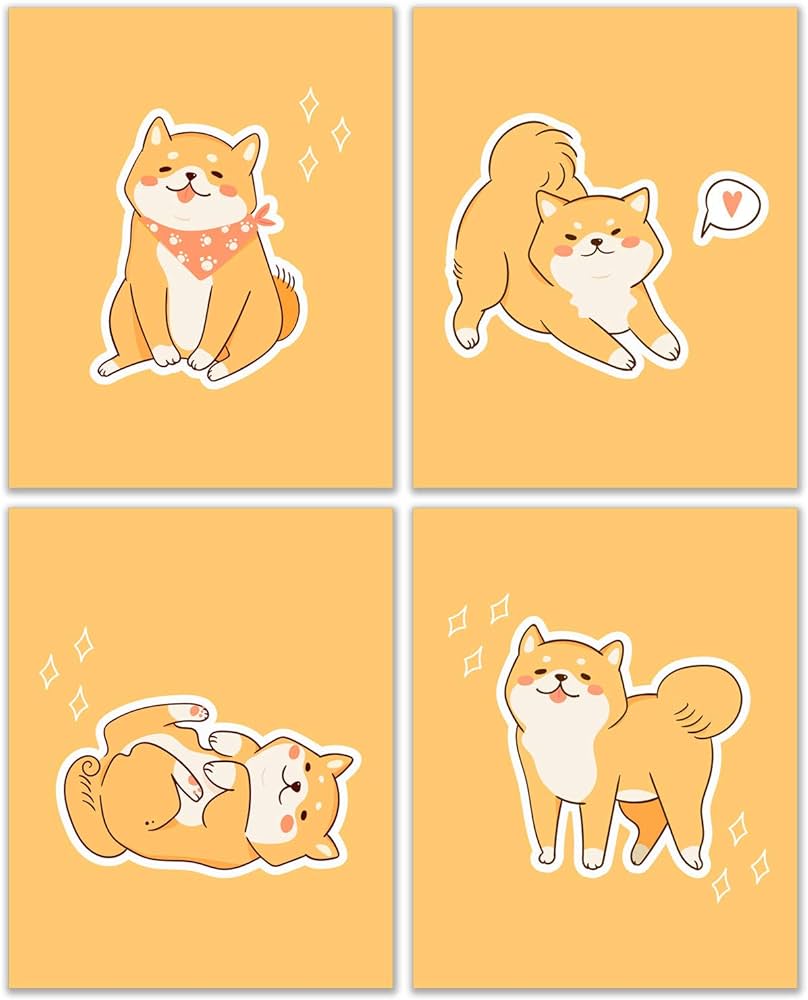 Kawaii Shiba Inu Prints of 4 (8x10) Inches Glossy Cute Anime Japanese Dog Pet Puppy Wall Art Decor: Posters & Prints