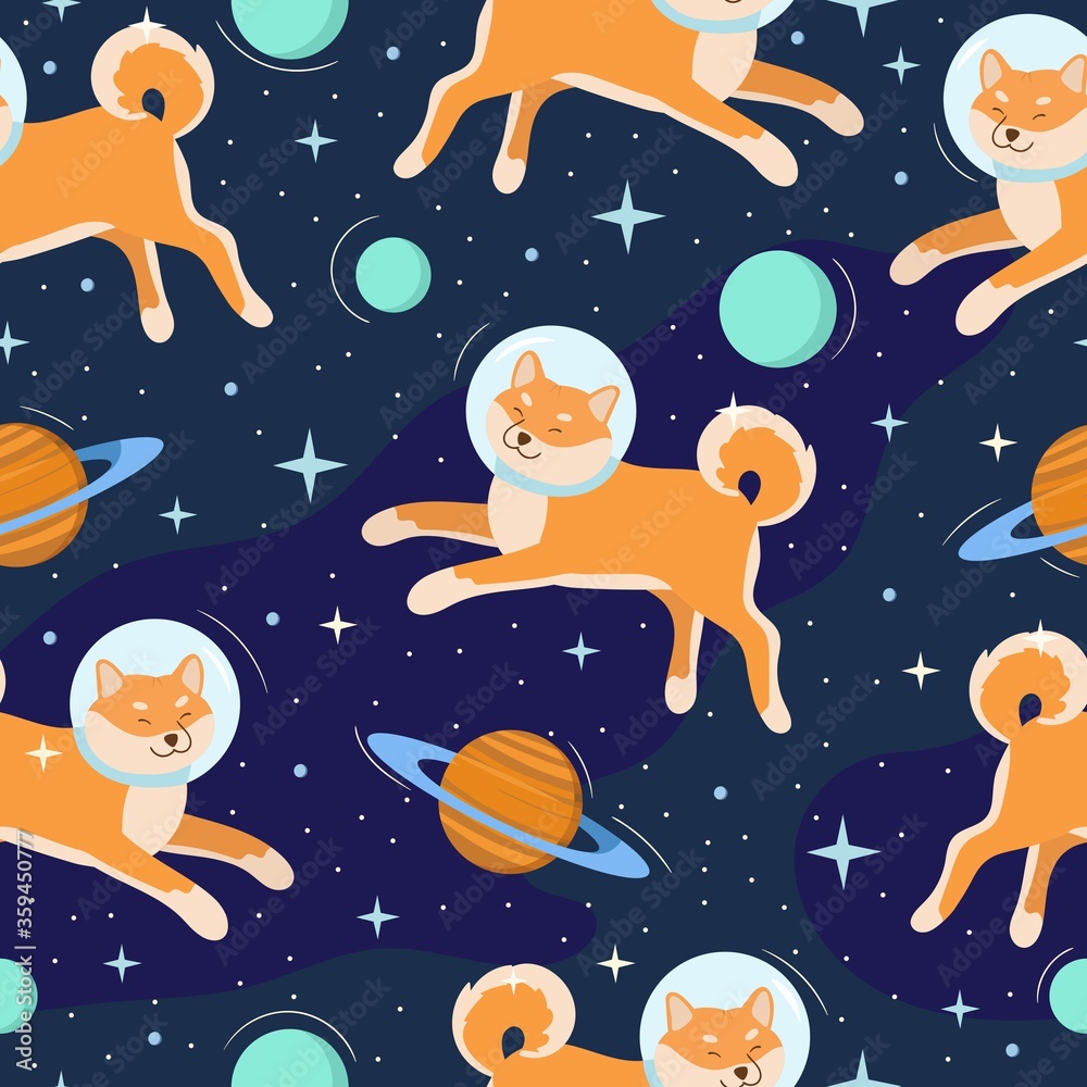 Cute shiba inu dog astronaut in open space. Seamless pattern. Colorful cosmic background with animals, planets, stars. Vector illustration for textile, wallpaper, wrapping, nursery. Stock Vector