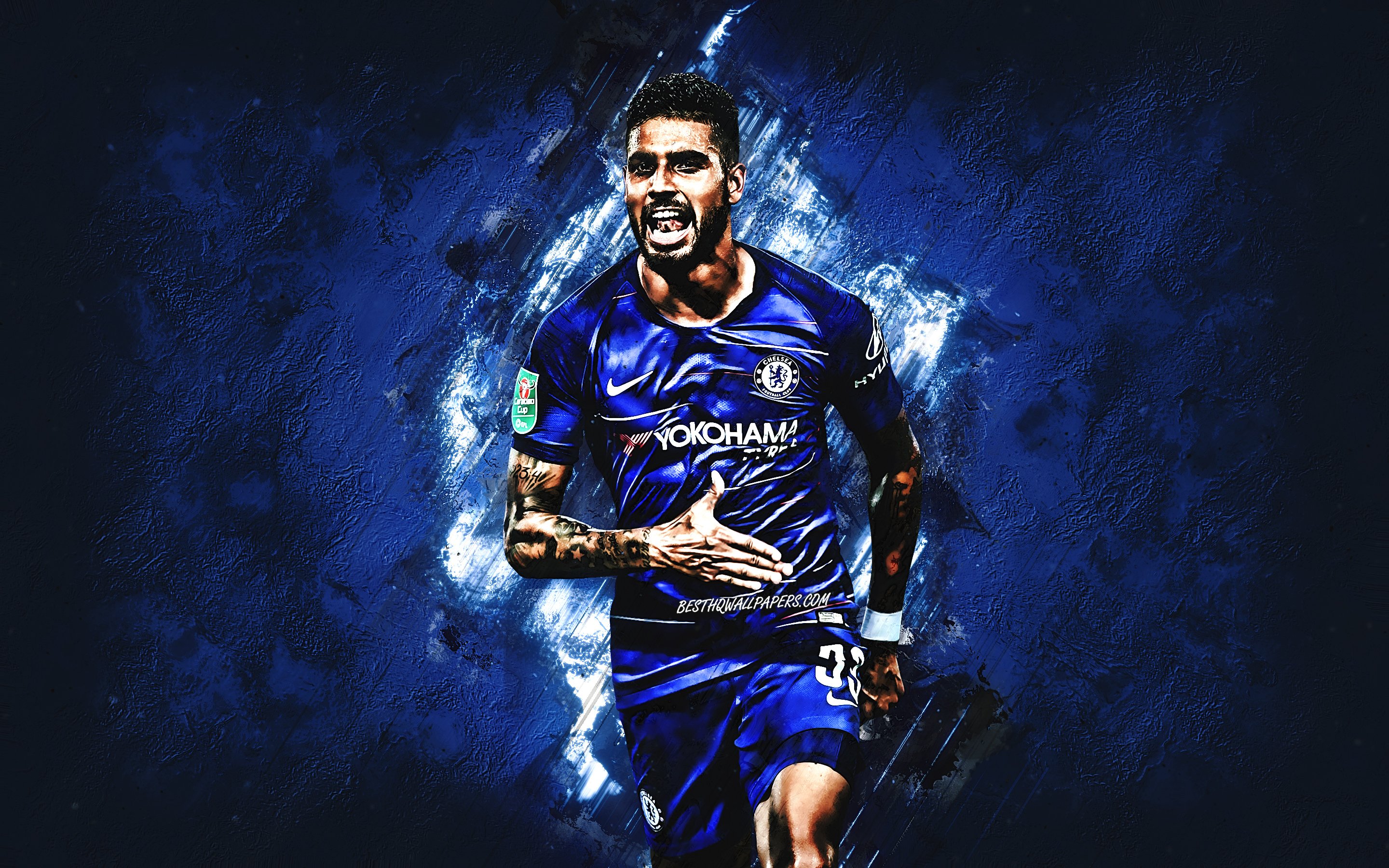 Download wallpaper Emerson Palmieri, Chelsea FC, Italian football player, portrait, blue stone background, Premier League, England, football for desktop with resolution 2880x1800. High Quality HD picture wallpaper