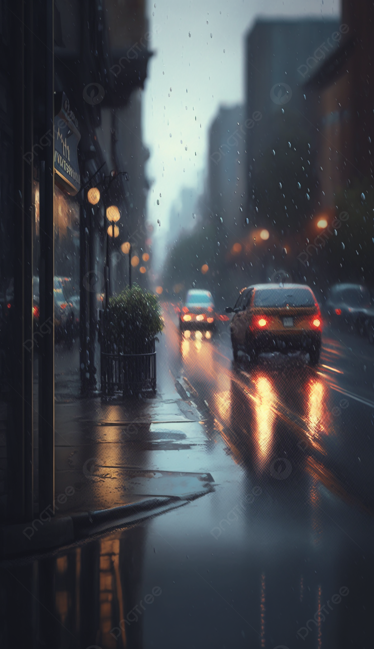 Rainy Street City Background With Cars And Buildings Wallpaper Image For Free Download