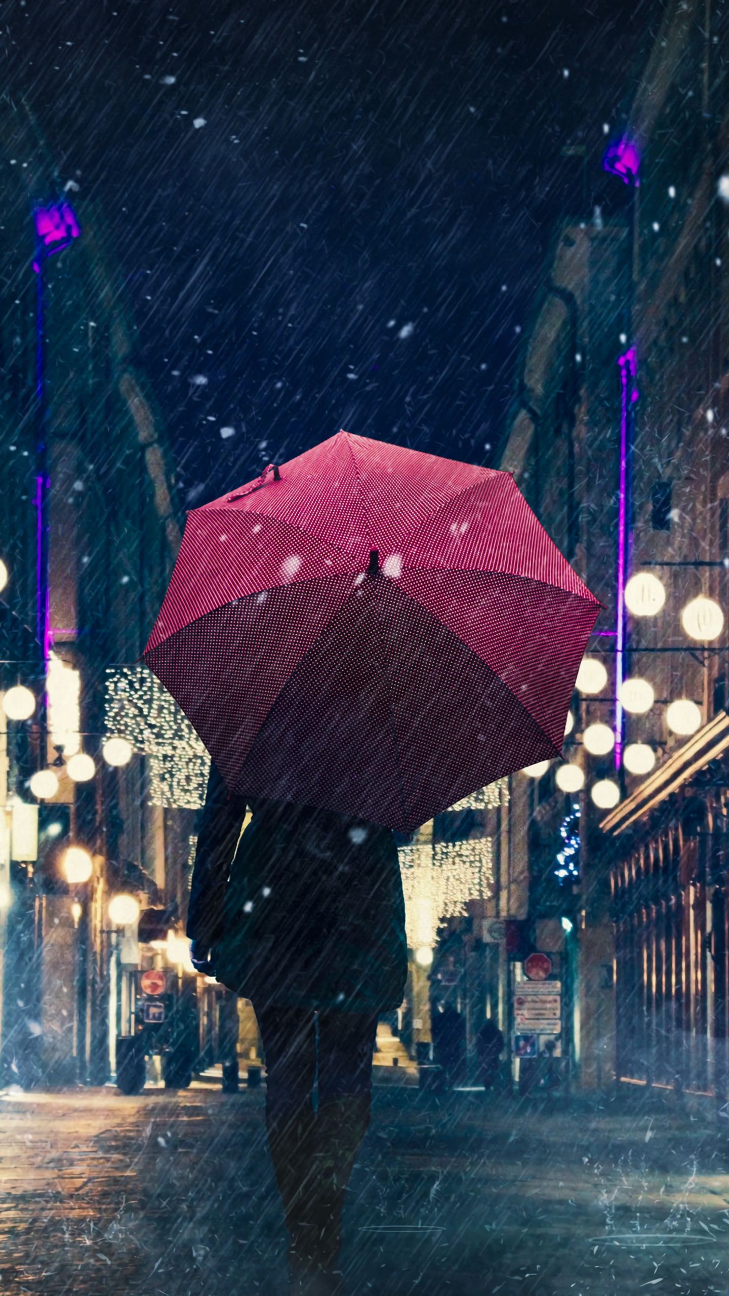 Download wallpaper 1440x2560 silhouette, umbrella, night city, rain, street, city lights qhd samsung galaxy s6, s7, edge, note, lg g4 HD background