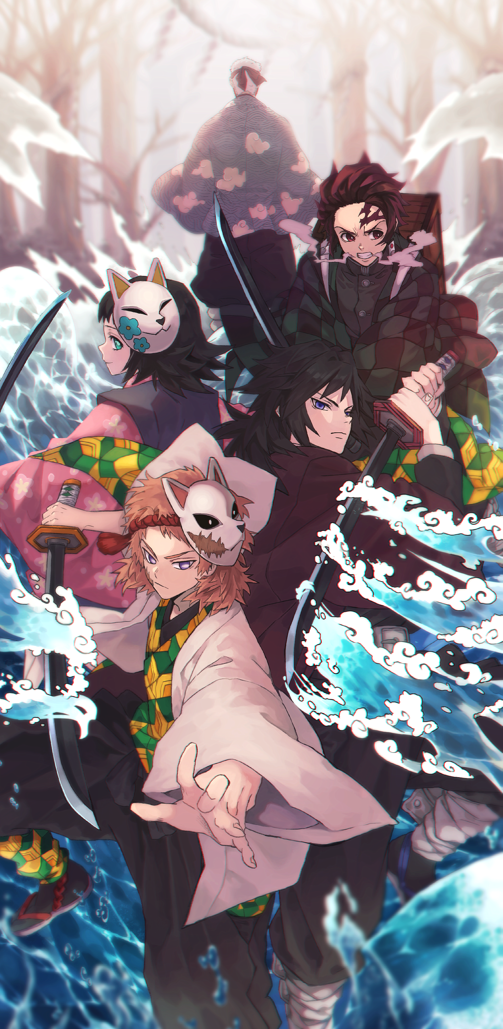 kamado tanjirou, tomioka giyuu, sabito, makomo, and urokodaki sakonji (kimetsu no yaiba) drawn