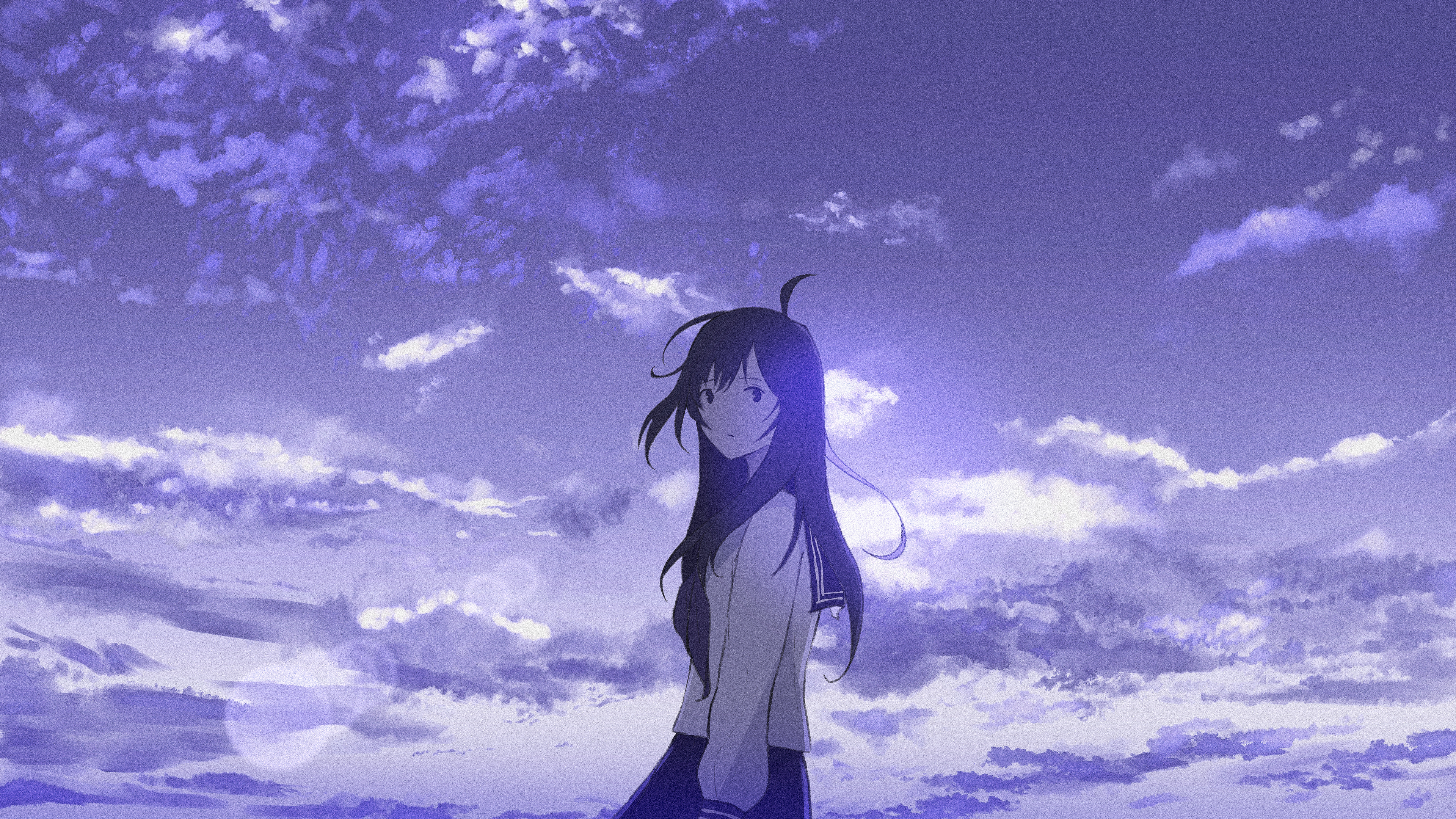 Oka Kojiro, women, long hair, looking at viewer, women outdoors, illustration, anime girls, school uniform, clouds, violet, black hair, ahoge, Pixiv, anime skyx2160 Wallpaper