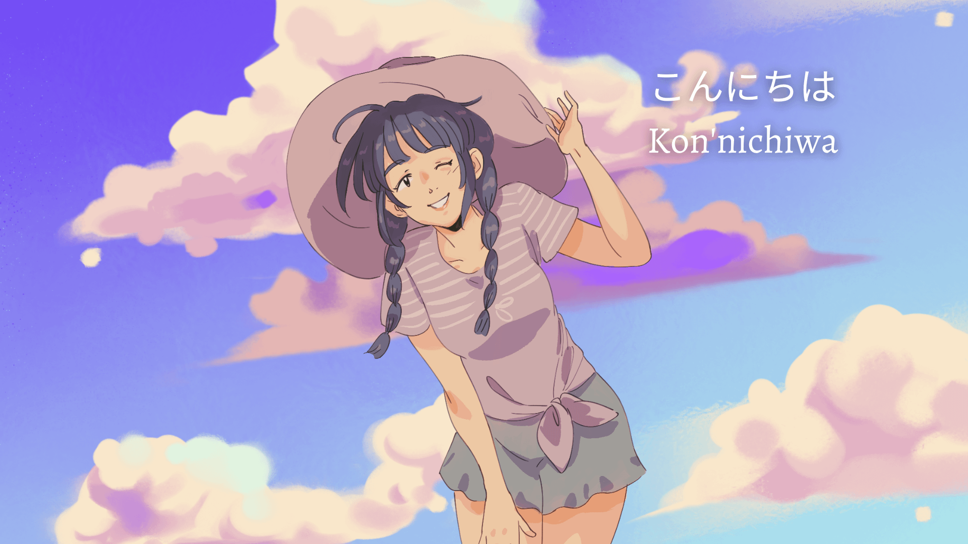Cute anime girl on a soft clouds sky background. Customizable wallpaper [1920x1080]