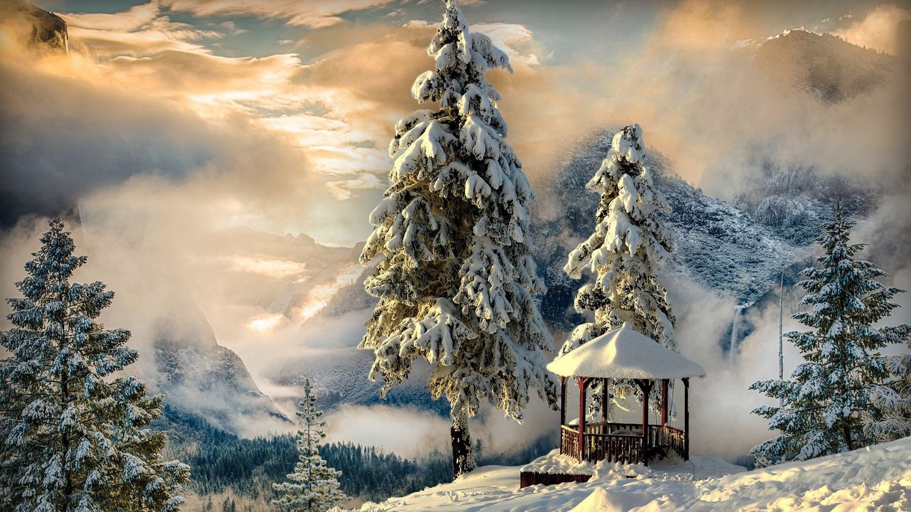 Download wallpaper 1280x720 winter, gazebo, snow, mountains, fog hd, hdv, 720p HD background