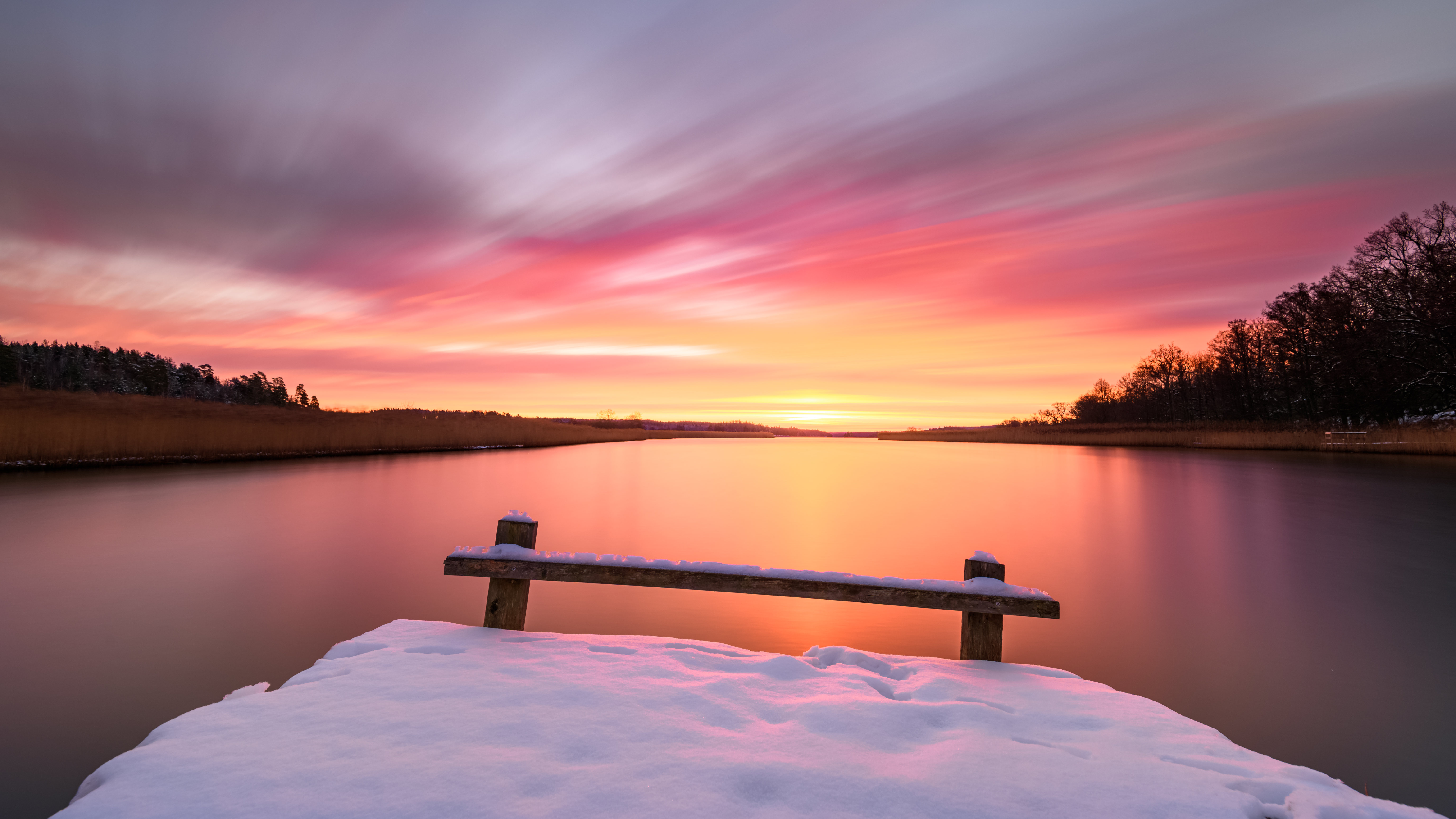 Red Sky Morning Winter Snow Bench 5k Wallpaper, HD Nature Wallpaper, 4k Wallpaper, Image, Background, Photos and Picture