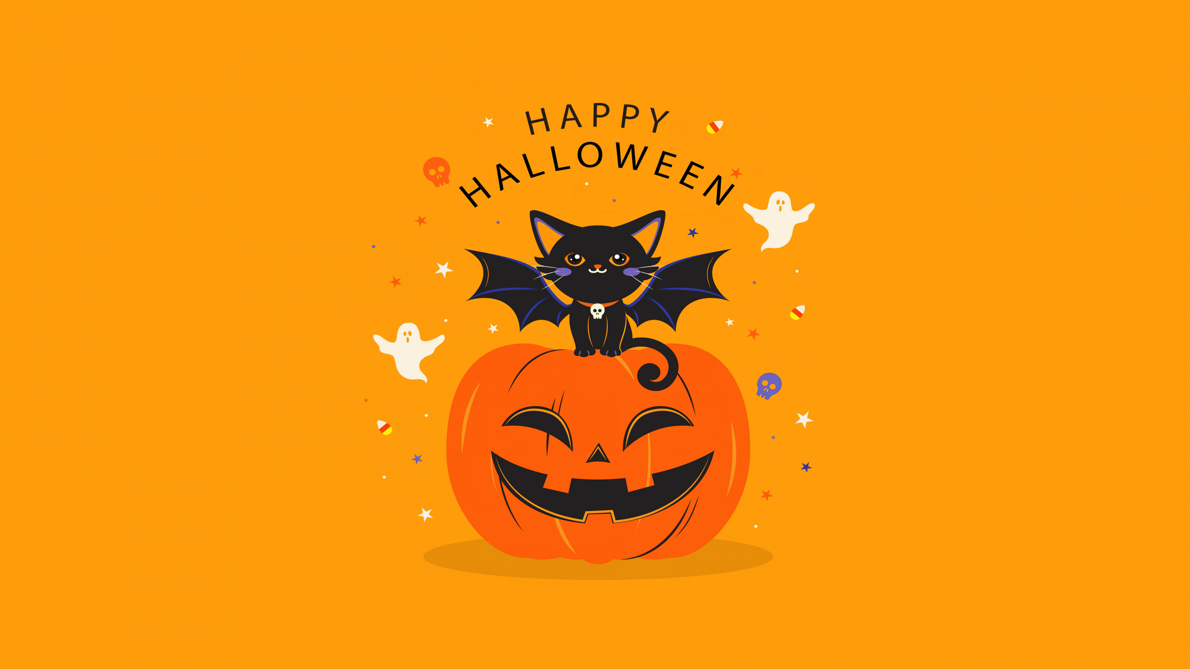 Happy Halloween Wallpaper 4K, Yellow aesthetic, Halloween Bats
