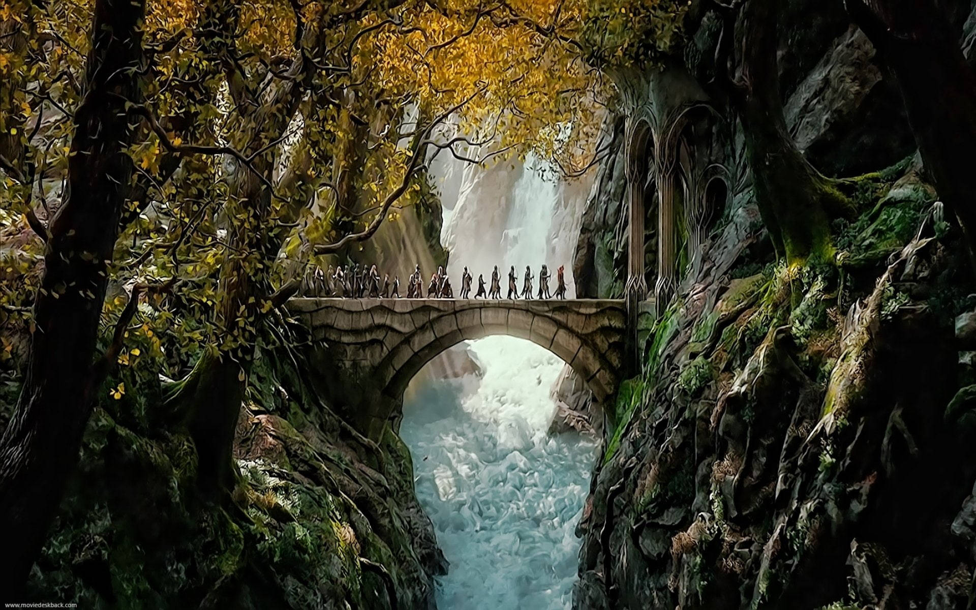 Download Lord Of The Rings Landscape Crossing The Bridge Wallpaper
