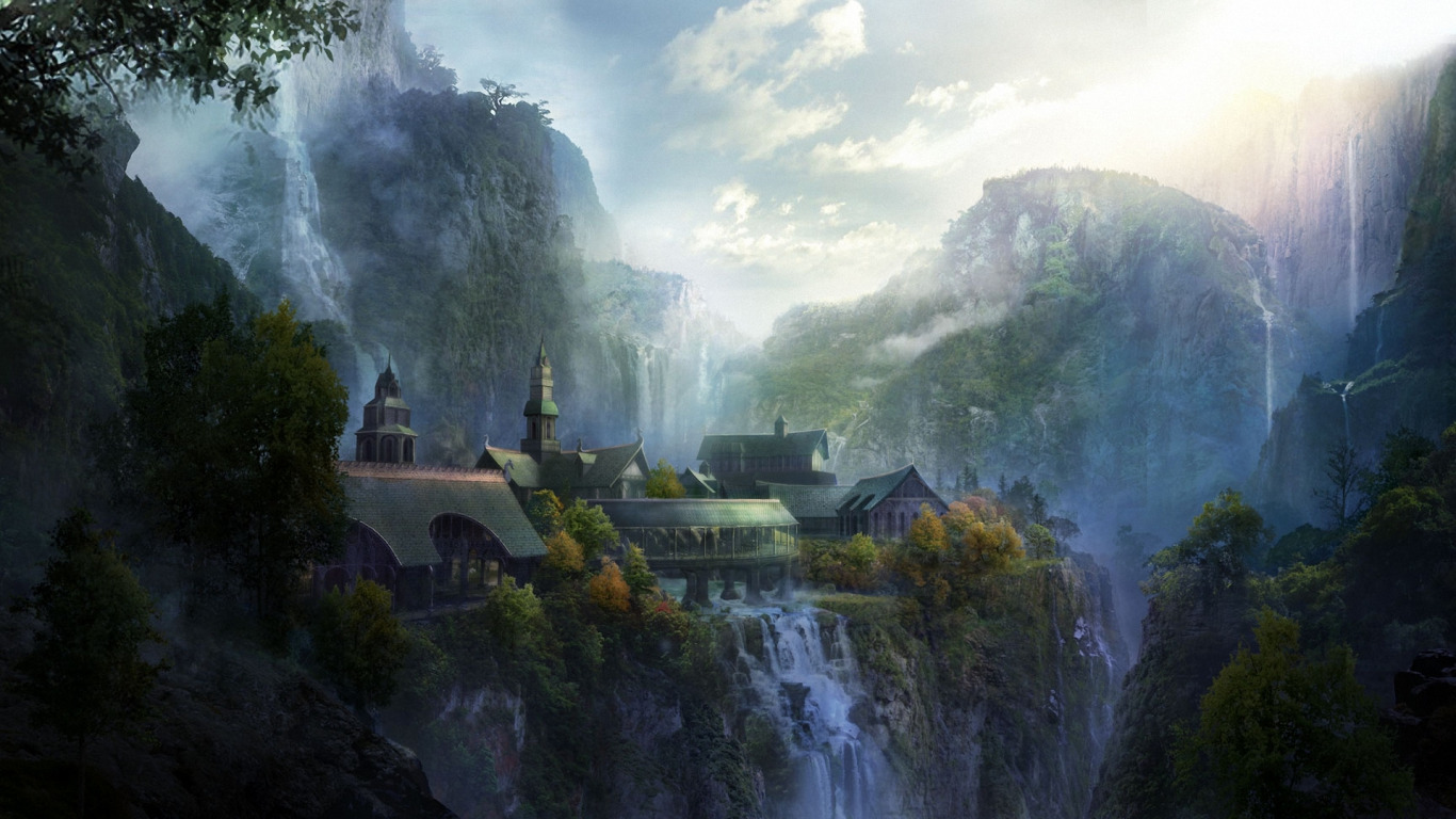 Download wallpaper landscape, mountains, the city, art, The Lord of the Rings, Rivendell, section fantasy in resolution 1366x768