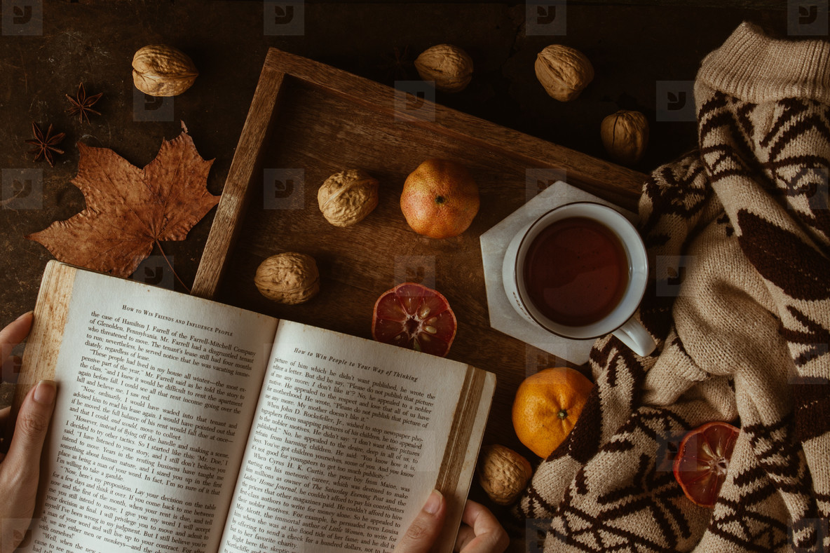 Reading book, autumn theme