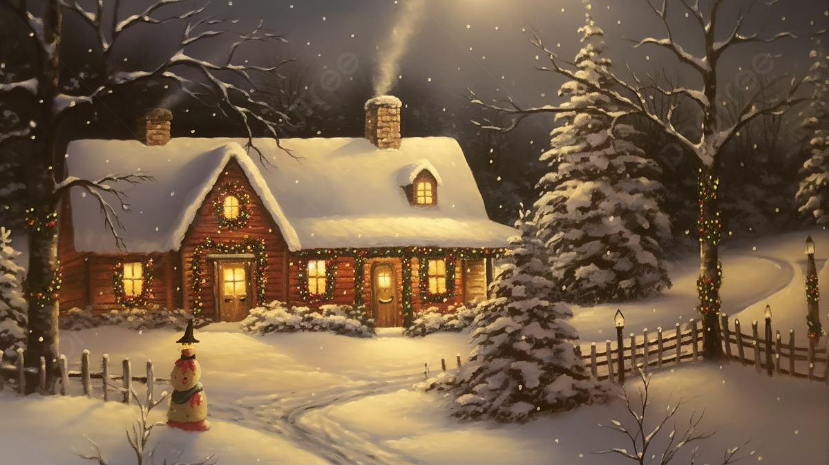 Winter Night In A Christmas Cabin Painted With The Moon Outside Background, Christmas Picture Background Image And Wallpaper for Free Download