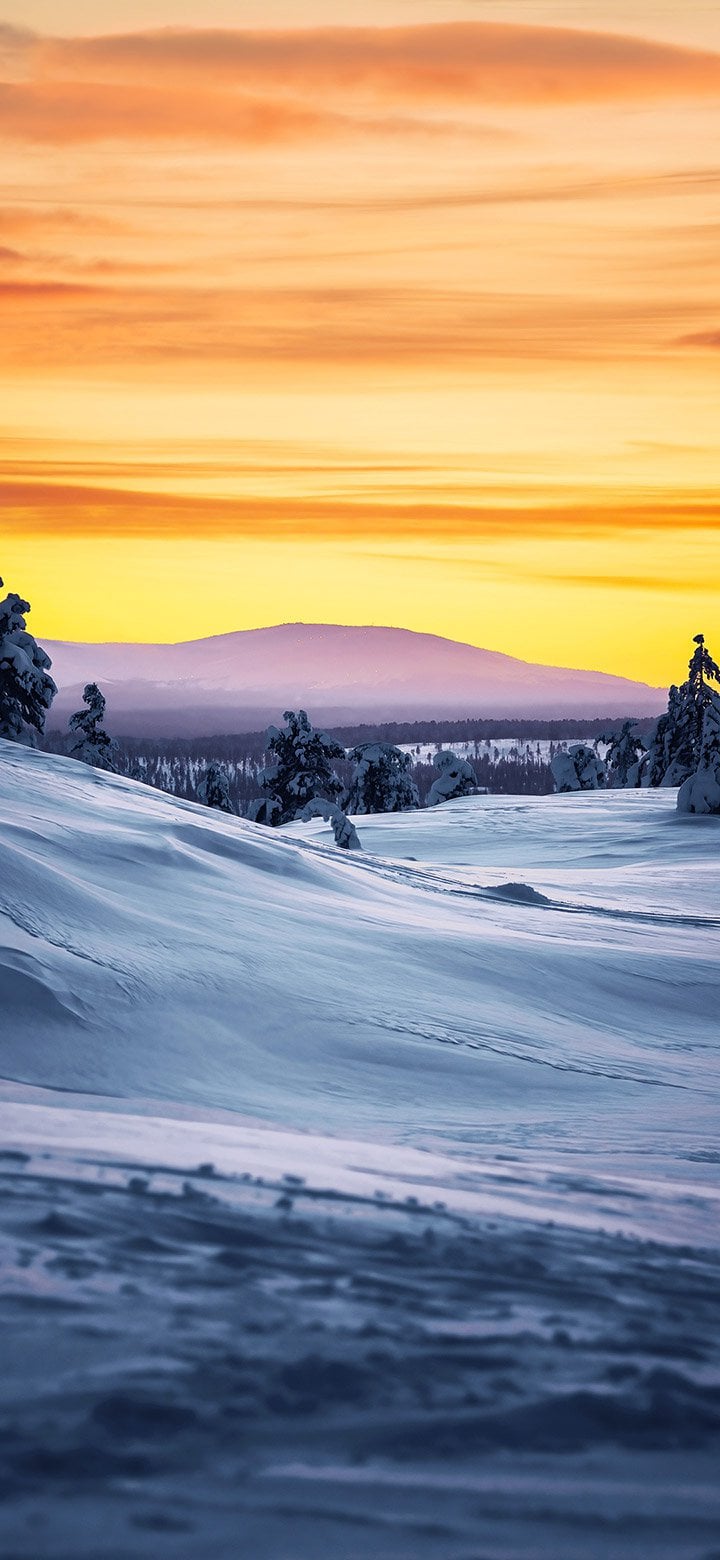 Snow capped landscape during sunset 4K wallpaper [2610x5655] and [1080x2340]