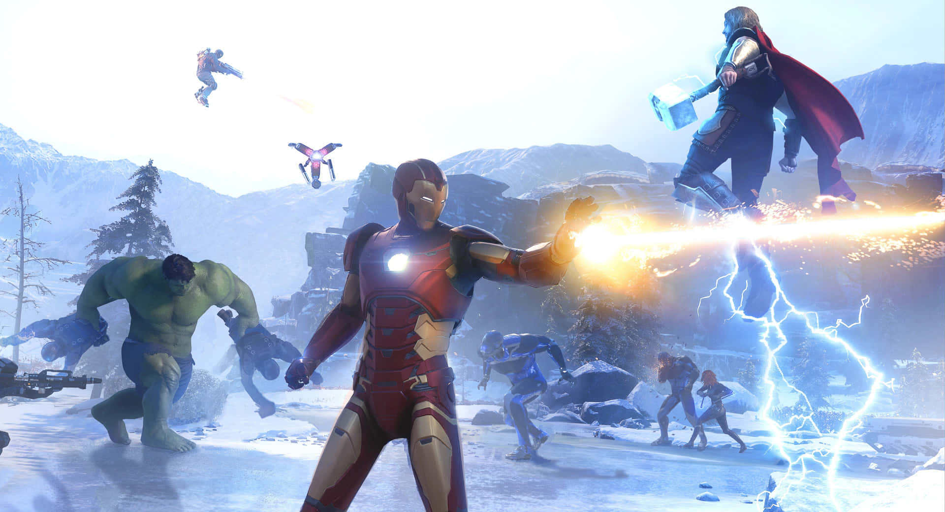 Download Intense Superhero Battle in a Stunning Video Game Wallpaper