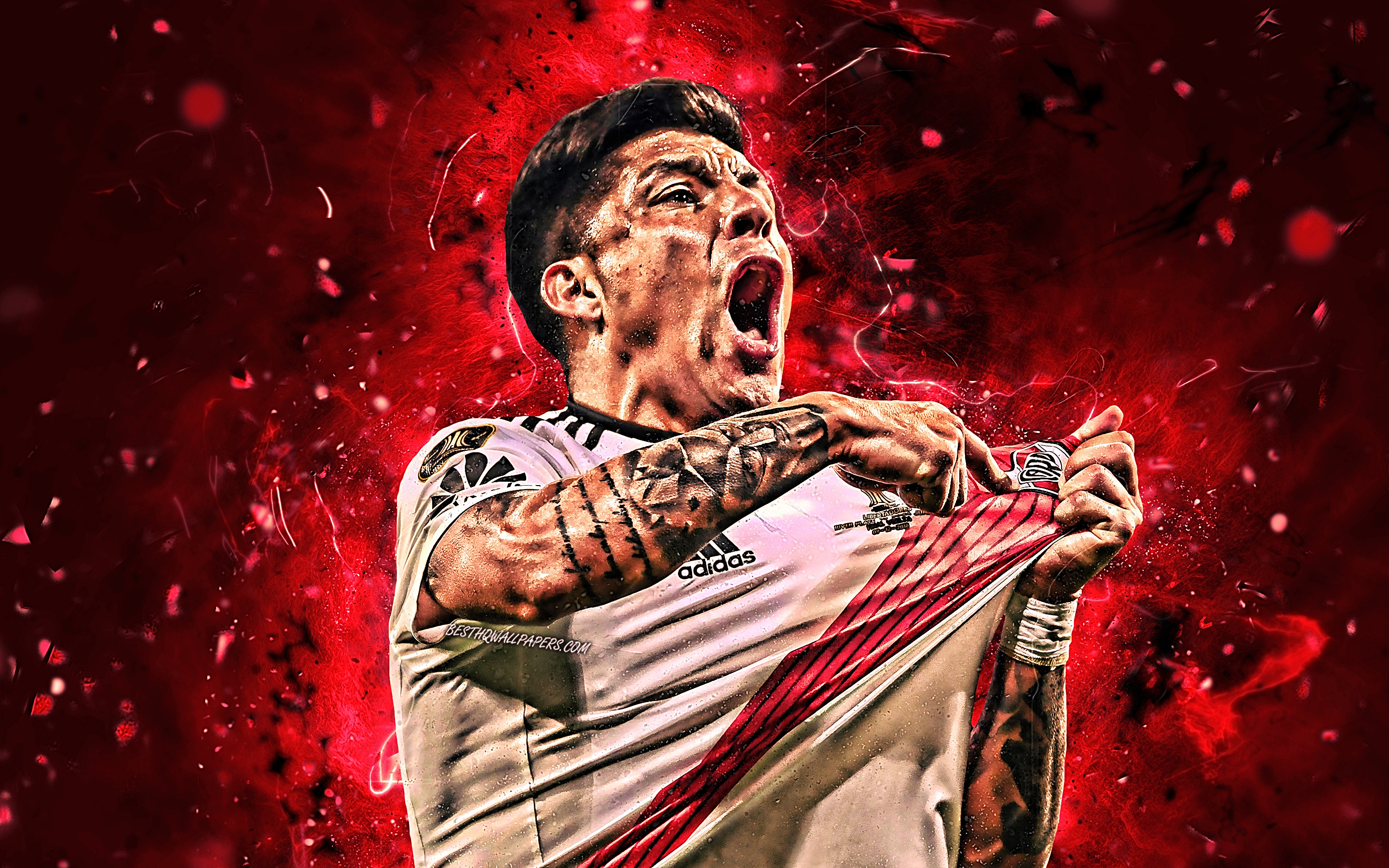 Download Wallpaper Enzo Perez, Close Up, River Plate FC, Argentine Footballers, Soccer, Midfielder, Enzo Nicolas Perez Segui, Argentine Superliga, AAAJ, Abstract Art, Neon Lights, Argentina For Desktop With Resolution 2880x1800. High Quality HD
