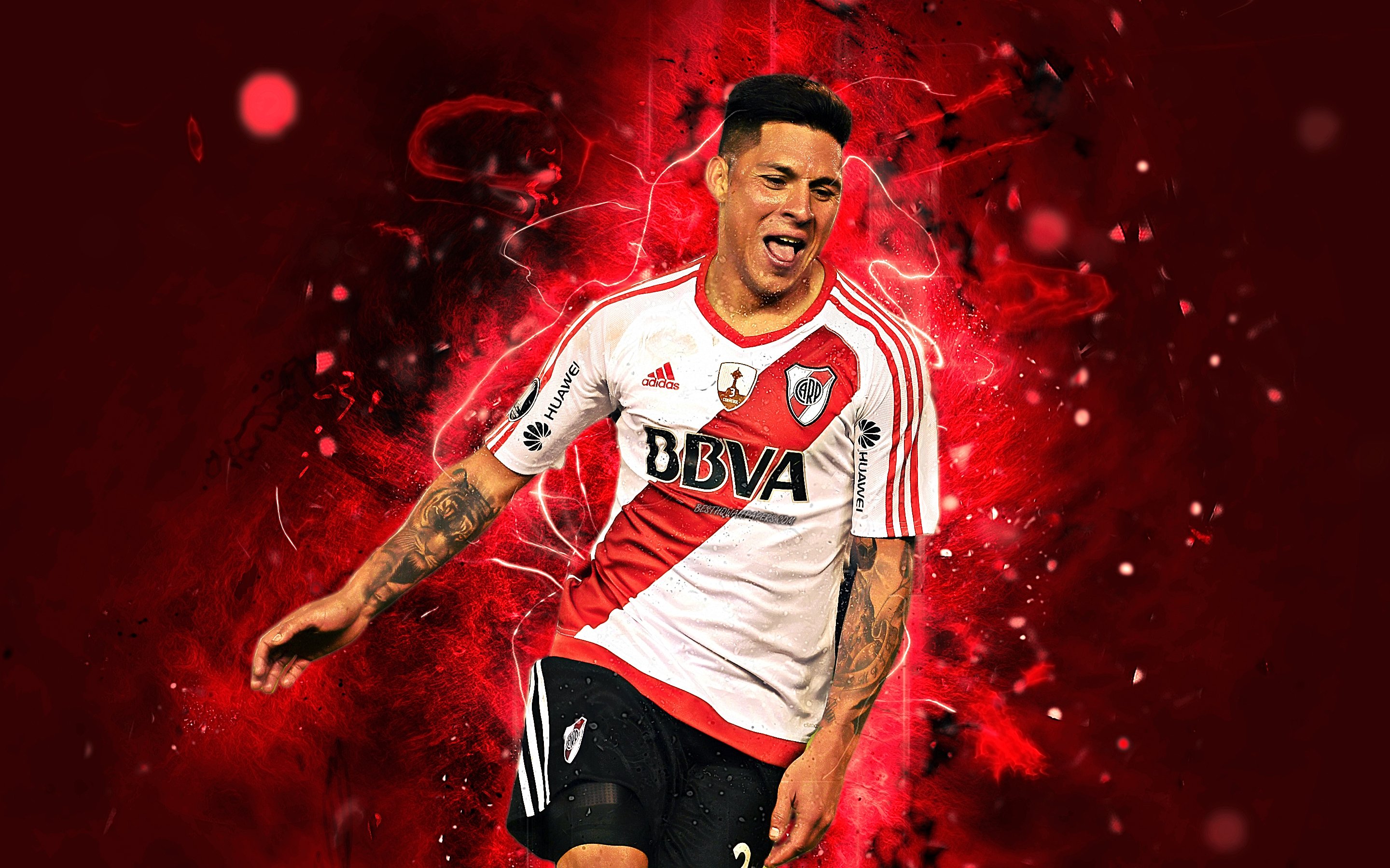 Download wallpaper Enzo Perez, midfielder, River Plate FC, goal, Argentine footballers, soccer, Perez, Argentine Superliga, AAAJ, abstract art, neon lights for desktop with resolution 2880x1800. High Quality HD picture wallpaper