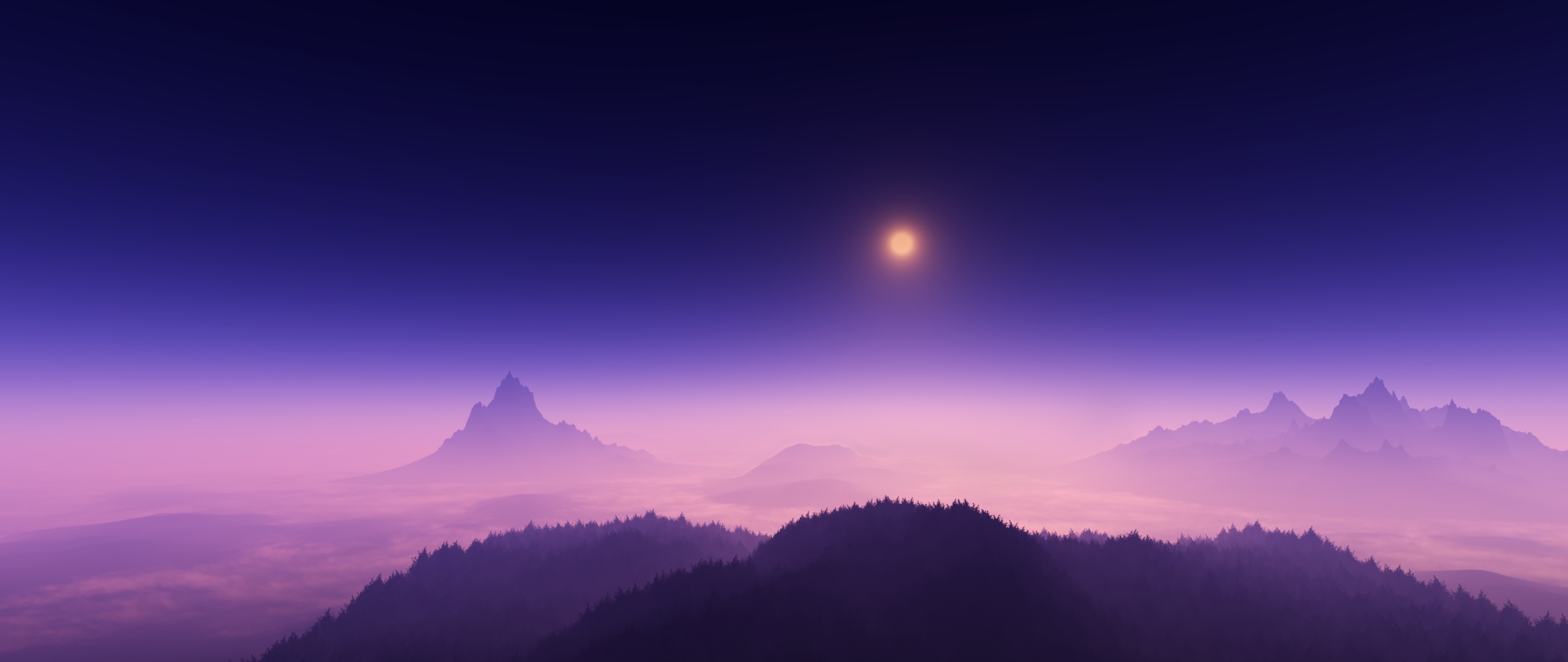 Moonlight Wallpaper 4K, Foggy, Night time, Aerial view