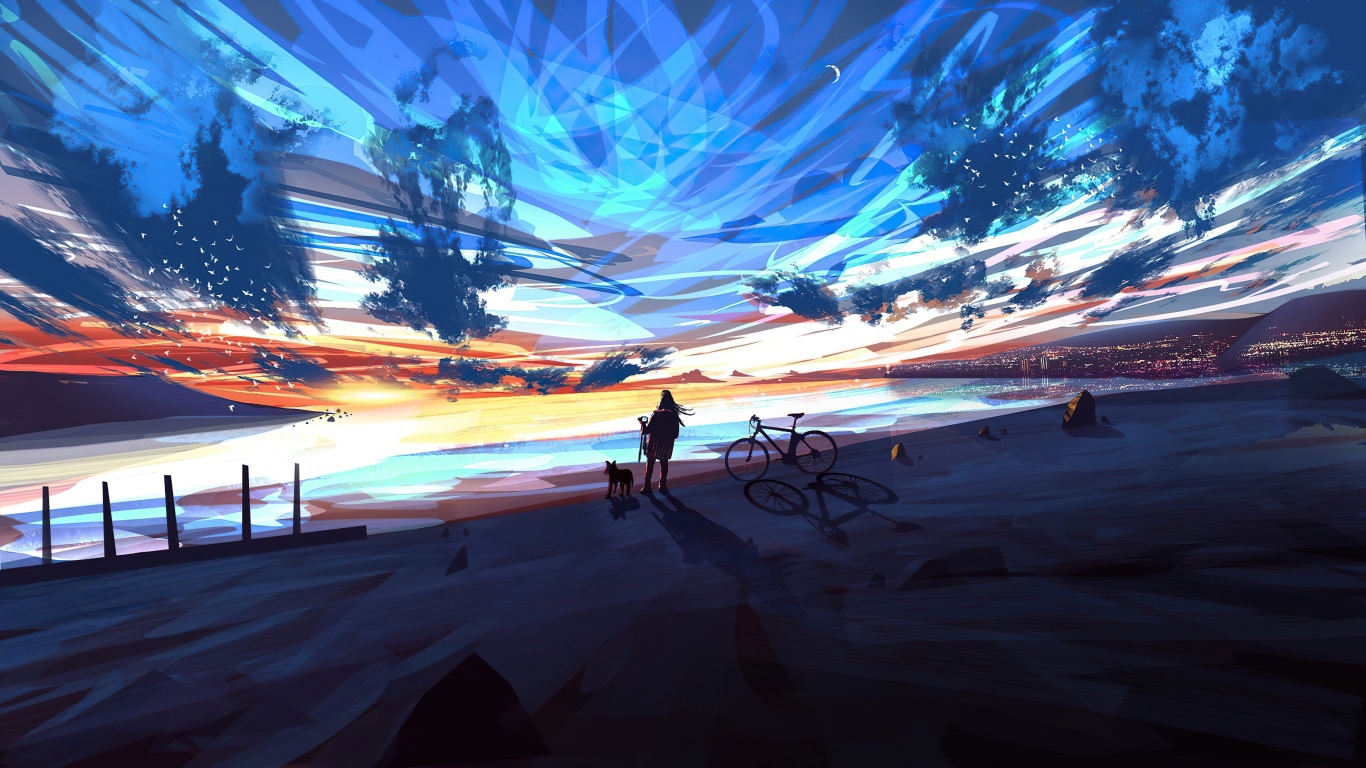 Anime girl looking at the fantastic sky Desktop wallpaper 1366x768