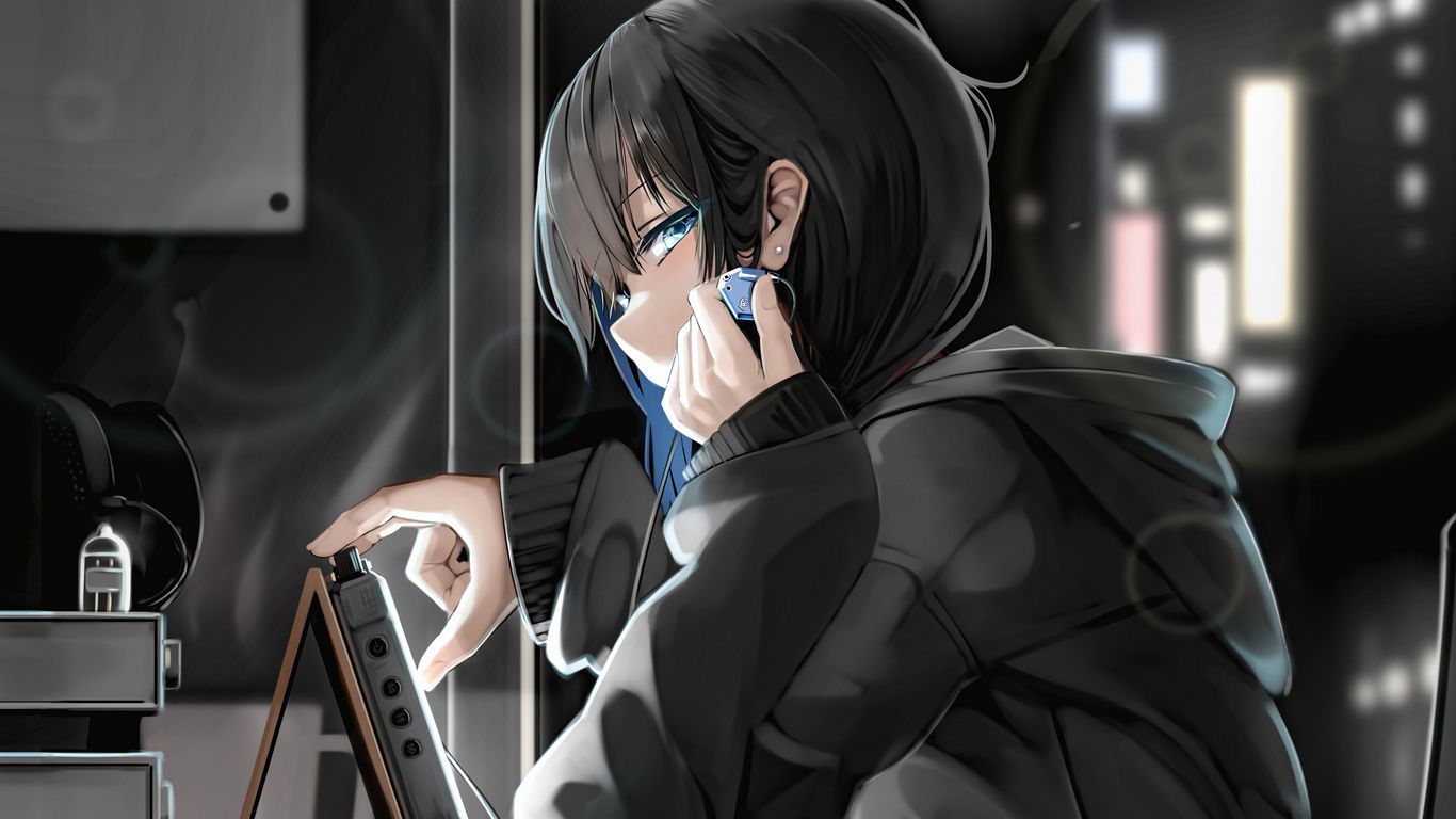 Download wallpaper 1366x768 girl, glance, gloomy, anime tablet, laptop HD background