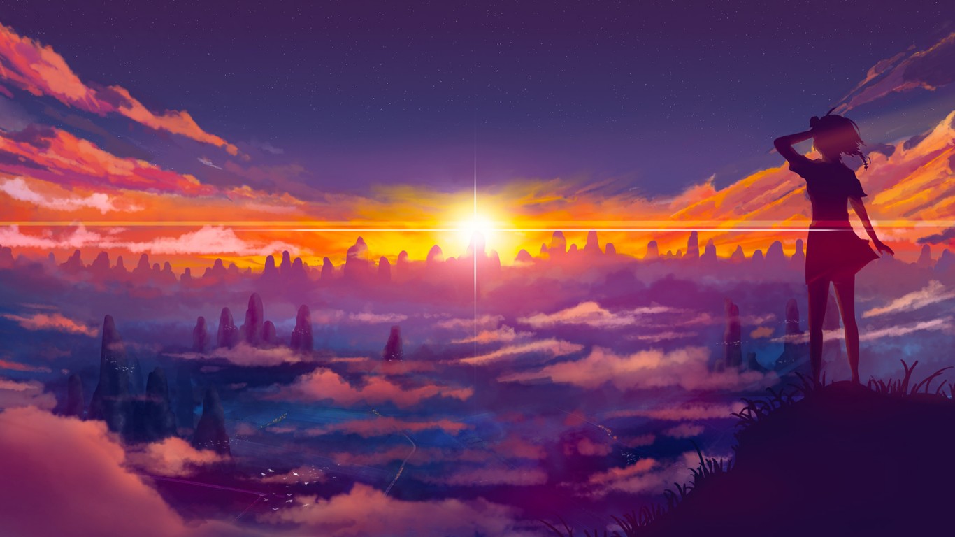Anime Sunset HD Wallpaper 1366x768