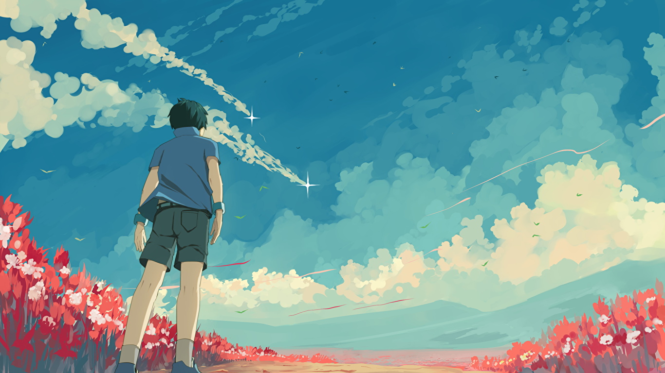 image Boys Anime Sky Clouds 1366x768