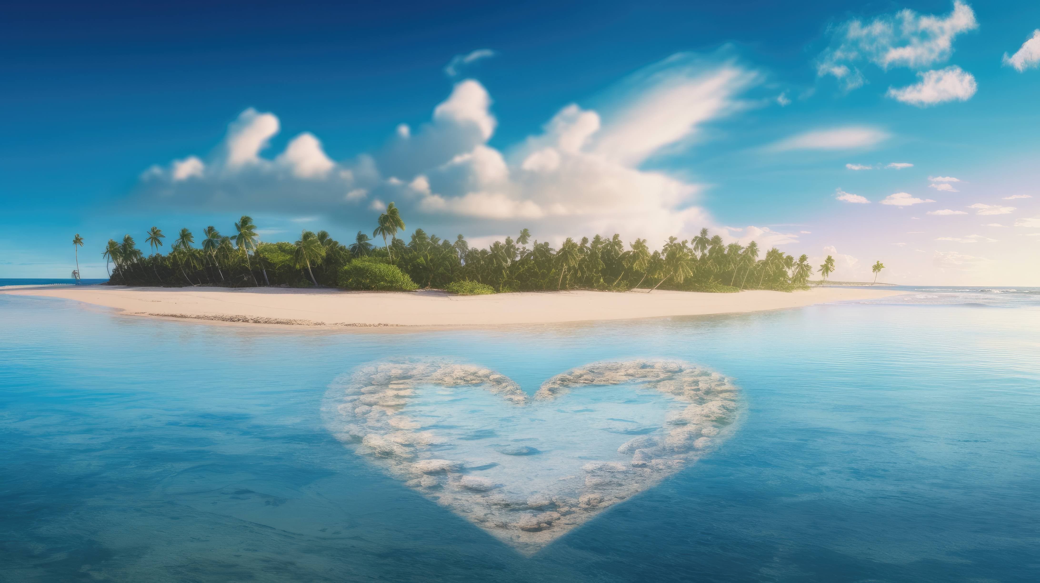 A 4K Ultra HD Wallpaper Featuring A Heart Shaped Beach With Crystal Clear Water And White Sand, With A Couple Lying Down On The Sand And Holding Hands
