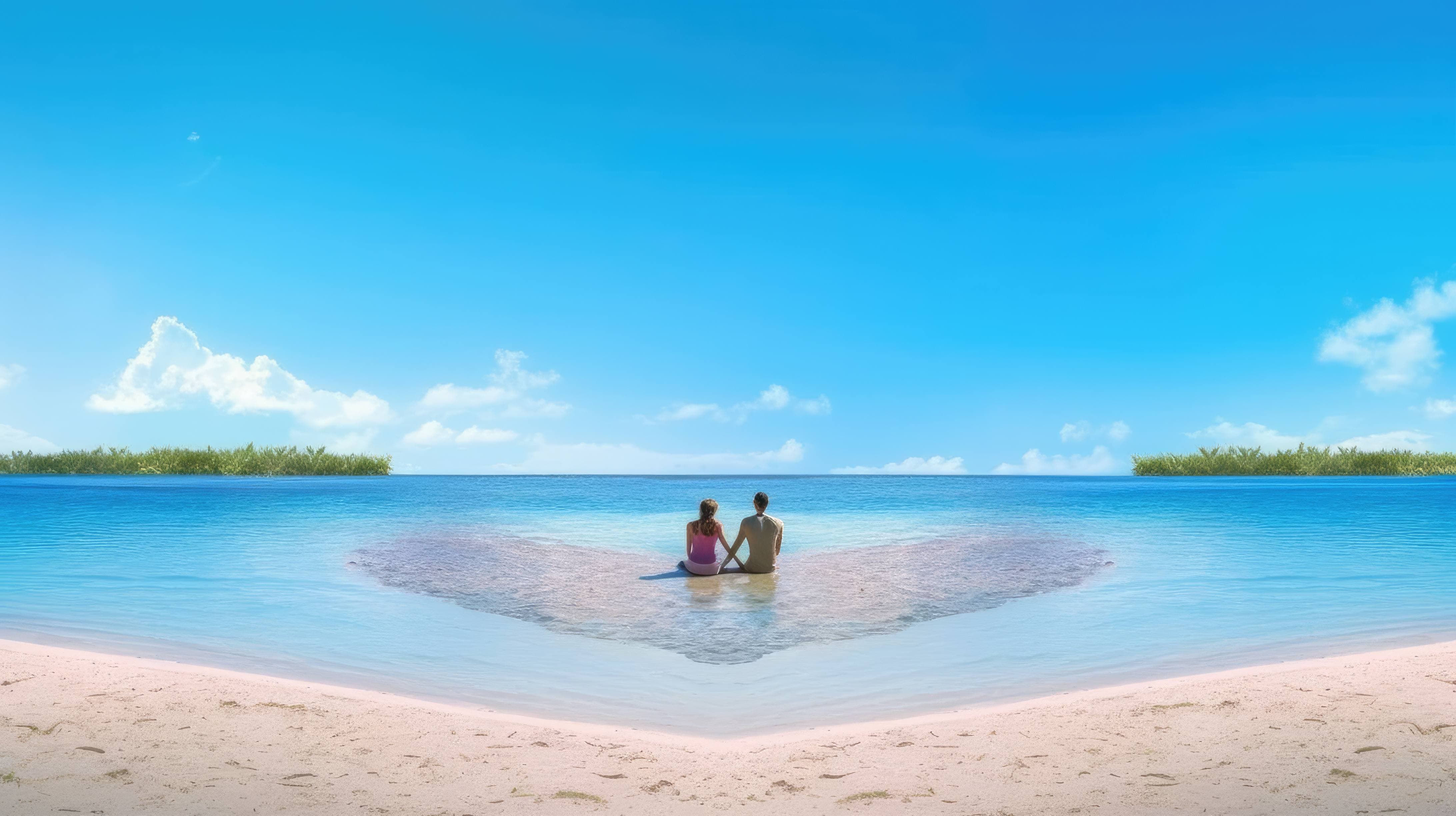 A 4K Ultra HD Wallpaper Featuring A Heart Shaped Beach With Crystal Clear Water And White Sand, With A Couple Lying Down On The Sand And Holding Hands