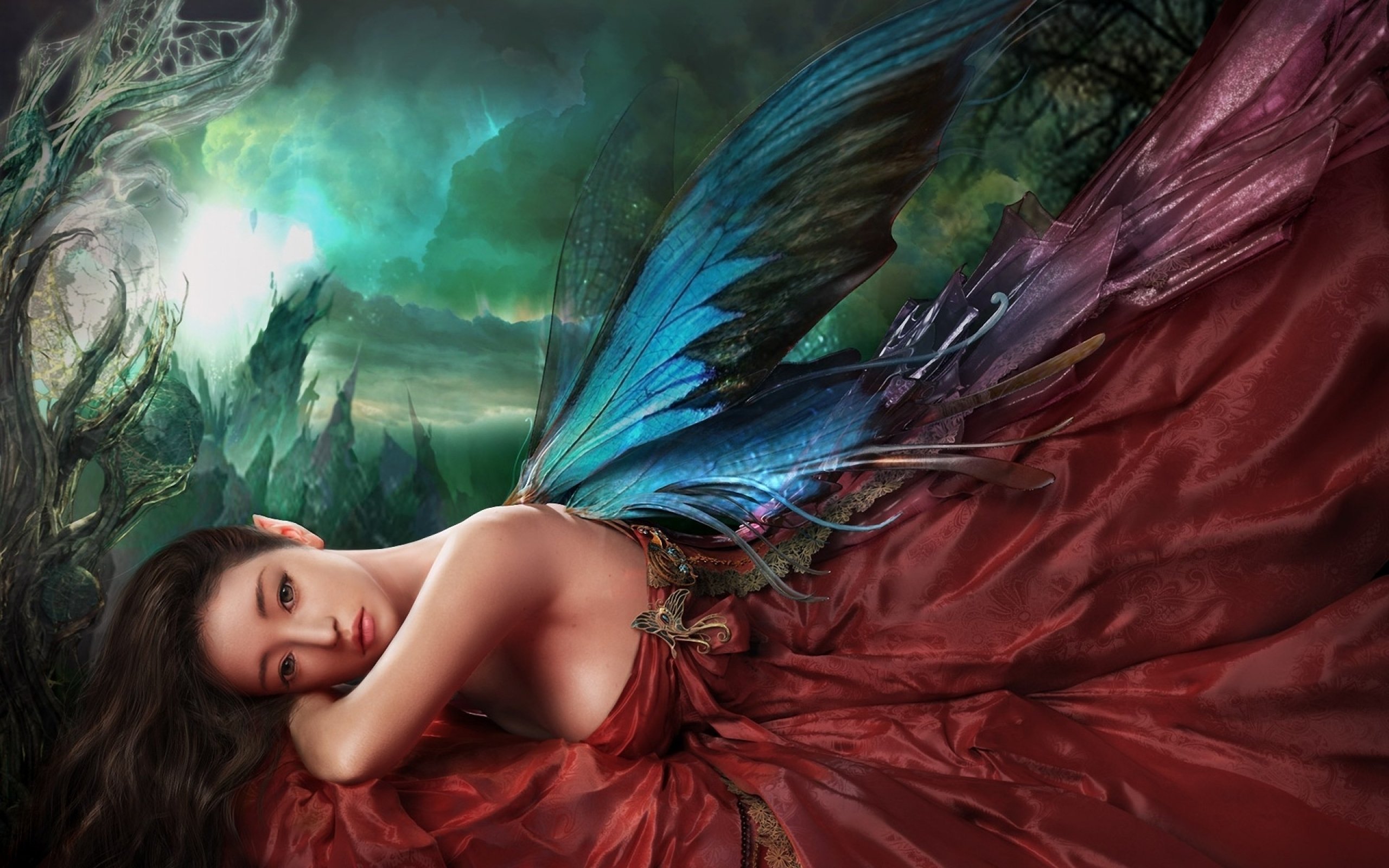 Wallpaper Woman in Red Dress Lying on Red Textile, Background Free Image
