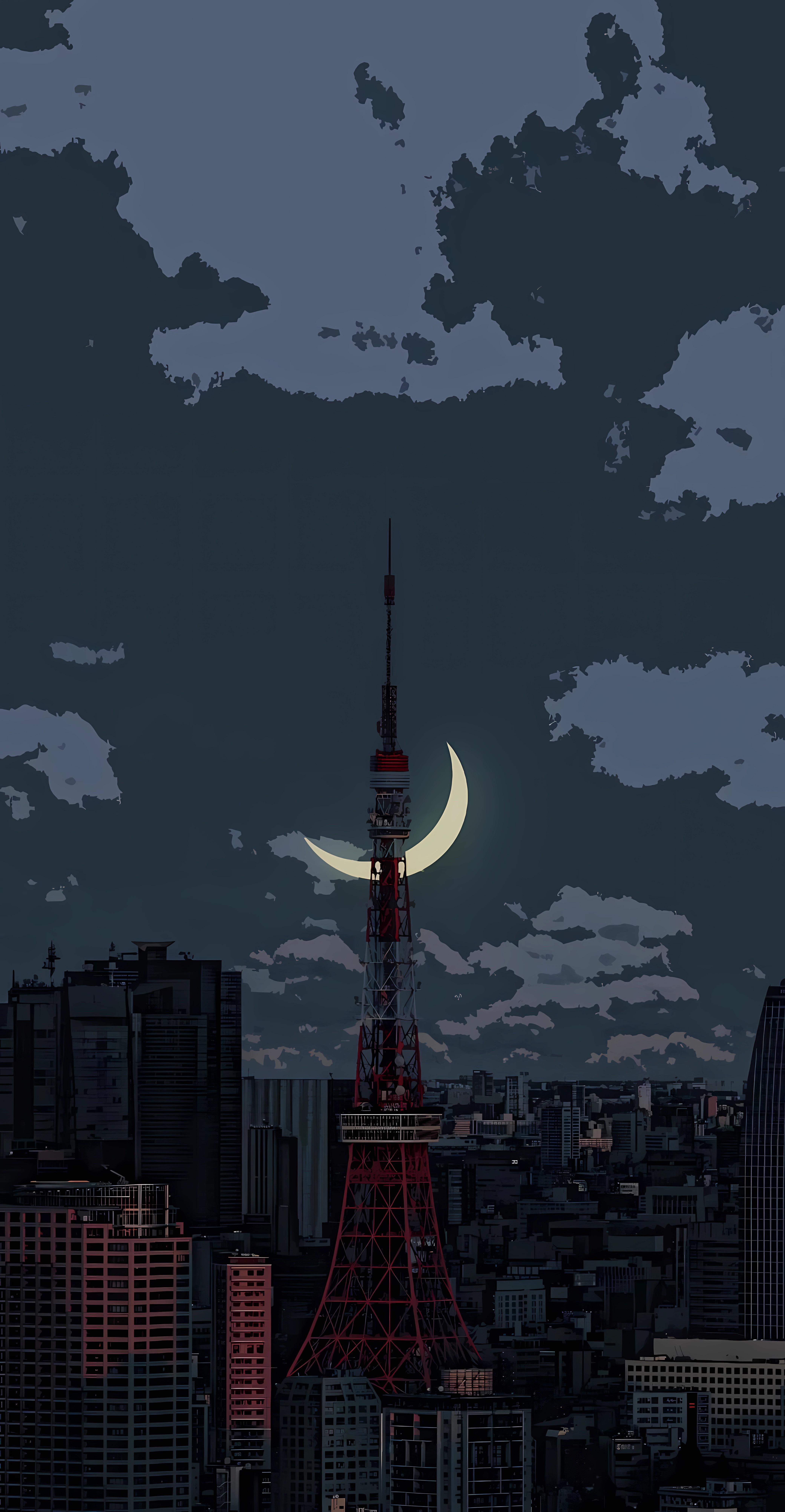 Radio tower cityscape moonrise at dusk [4164x8020]