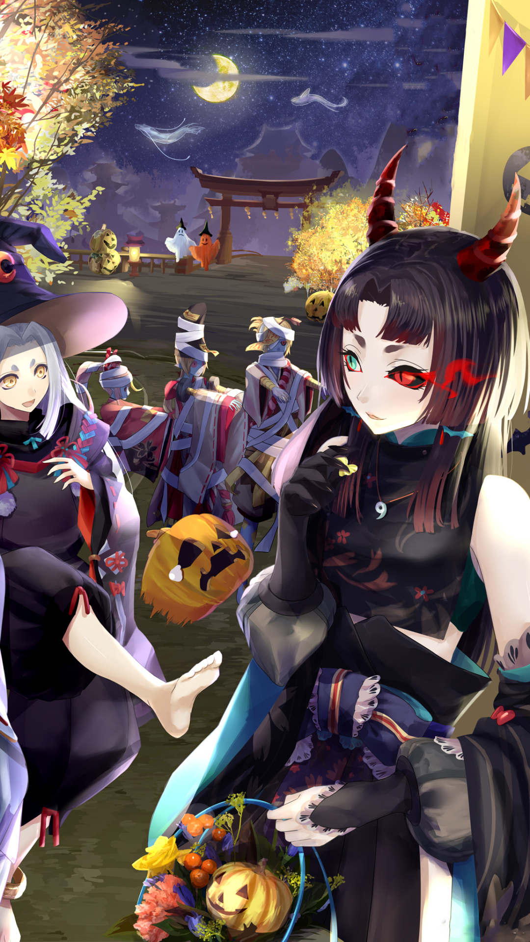 Mobile wallpaper: Anime, Halloween, Night, Moon, Pumpkin, Original, Cosplay, Japanese Clothes, Onmyoji, 1298762 download the picture for free