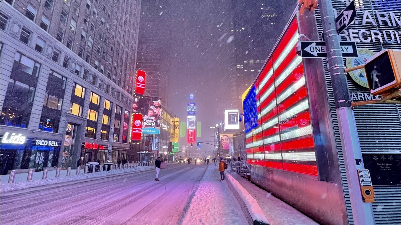 Times Square and Rockefeller Center New York 2020 Holiday Snowstorm Lights