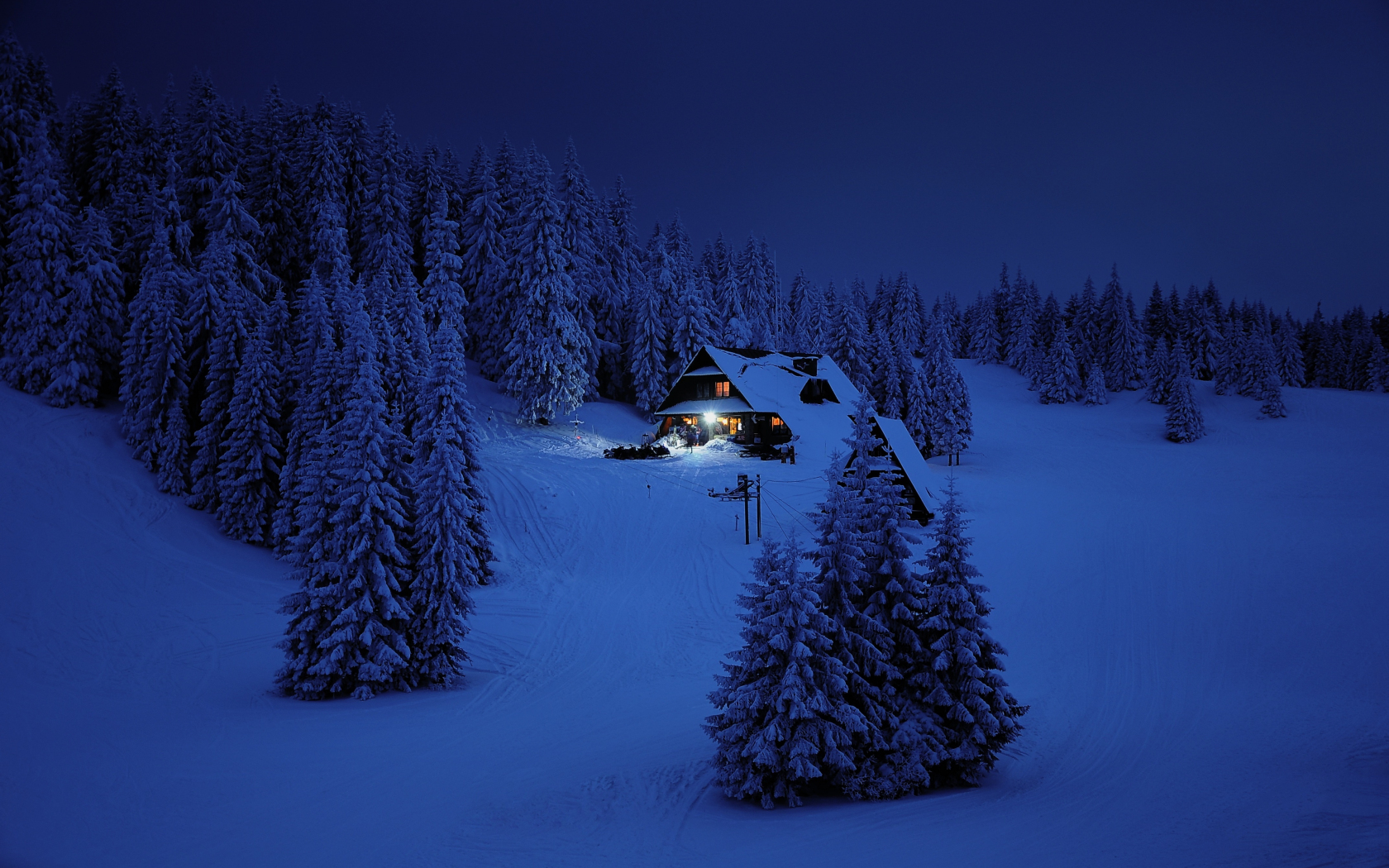 Download wallpaper 1680x1050 house, night, winter, trees, snow layer, nature, 16:10 widescreen 1680x1050 HD background, 7241