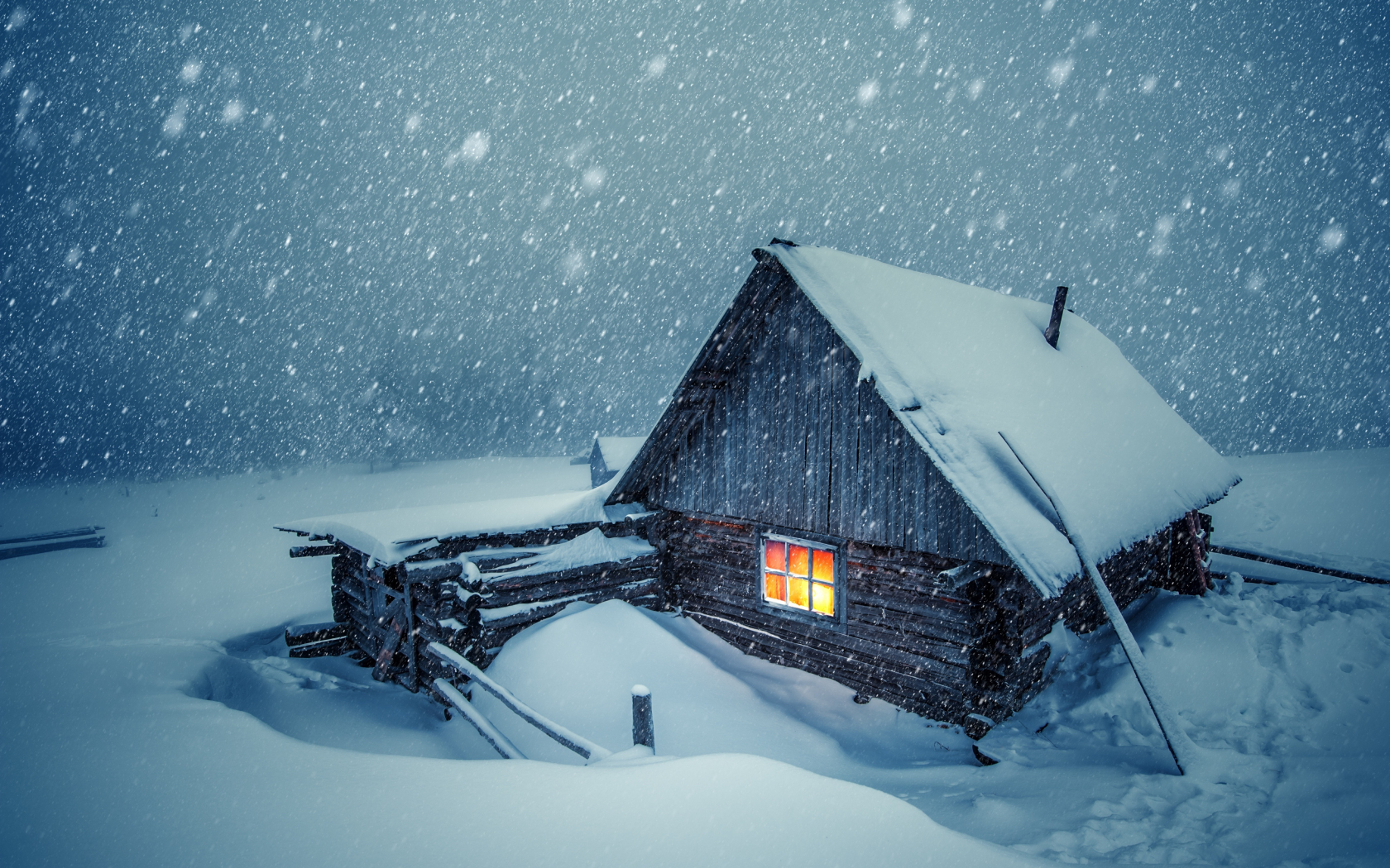 Download wallpaper 1680x1050 house light, winter, snowfall, 16:10 widescreen 1680x1050 HD background, 22984